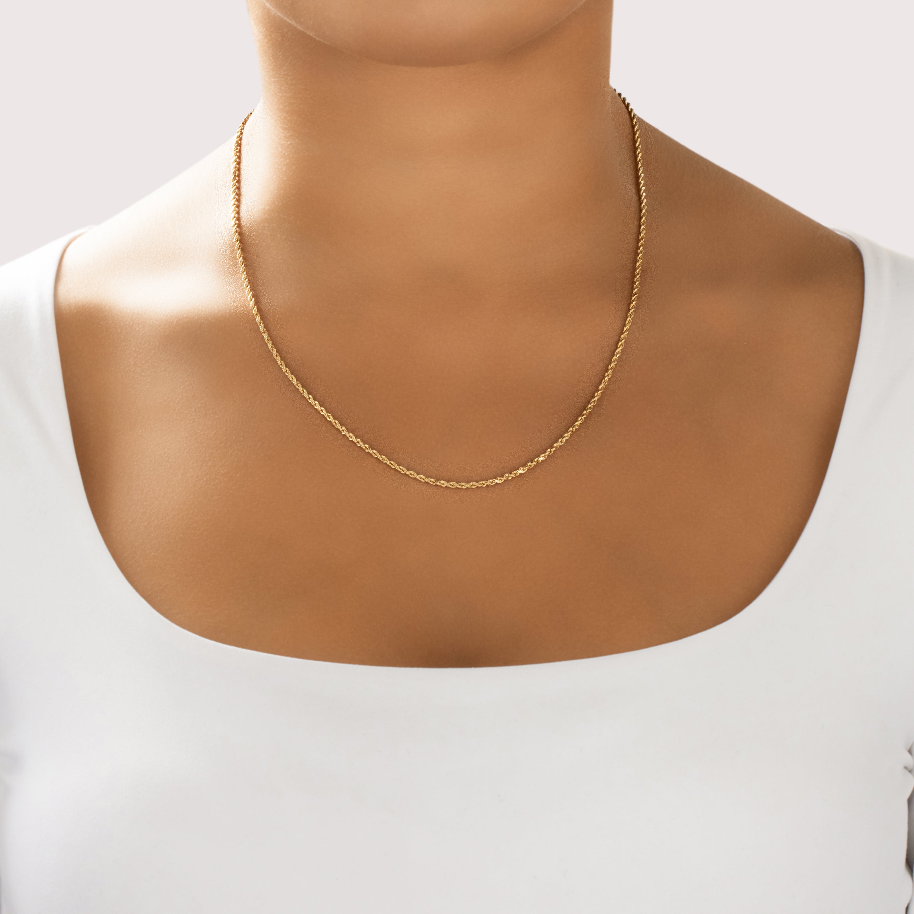 Vintage 14k Yellow Gold Gleaming Rope Link 1.7mm Chain - On model view