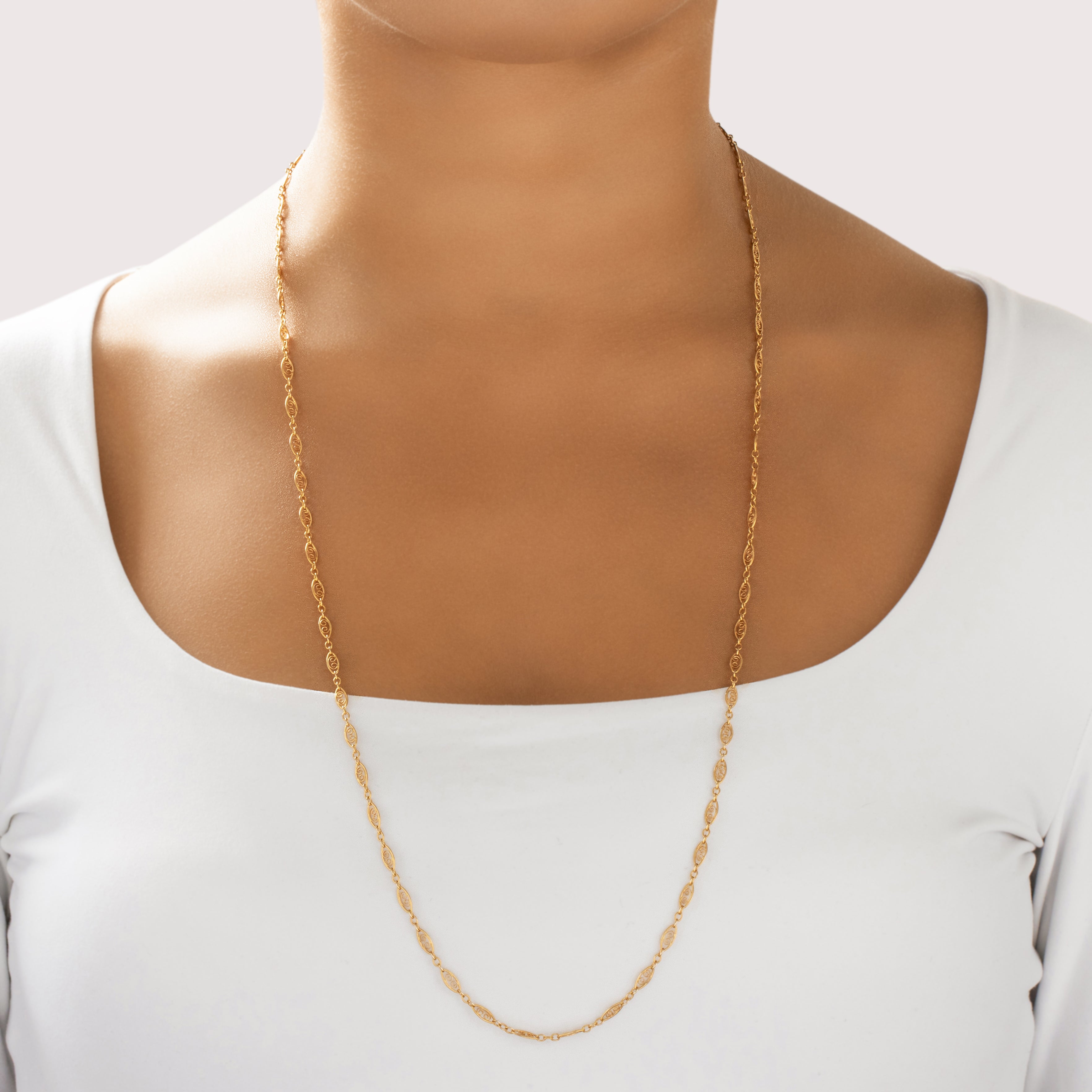 Vintage 14k Yellow Gold Open Filigree Necklace - On model view