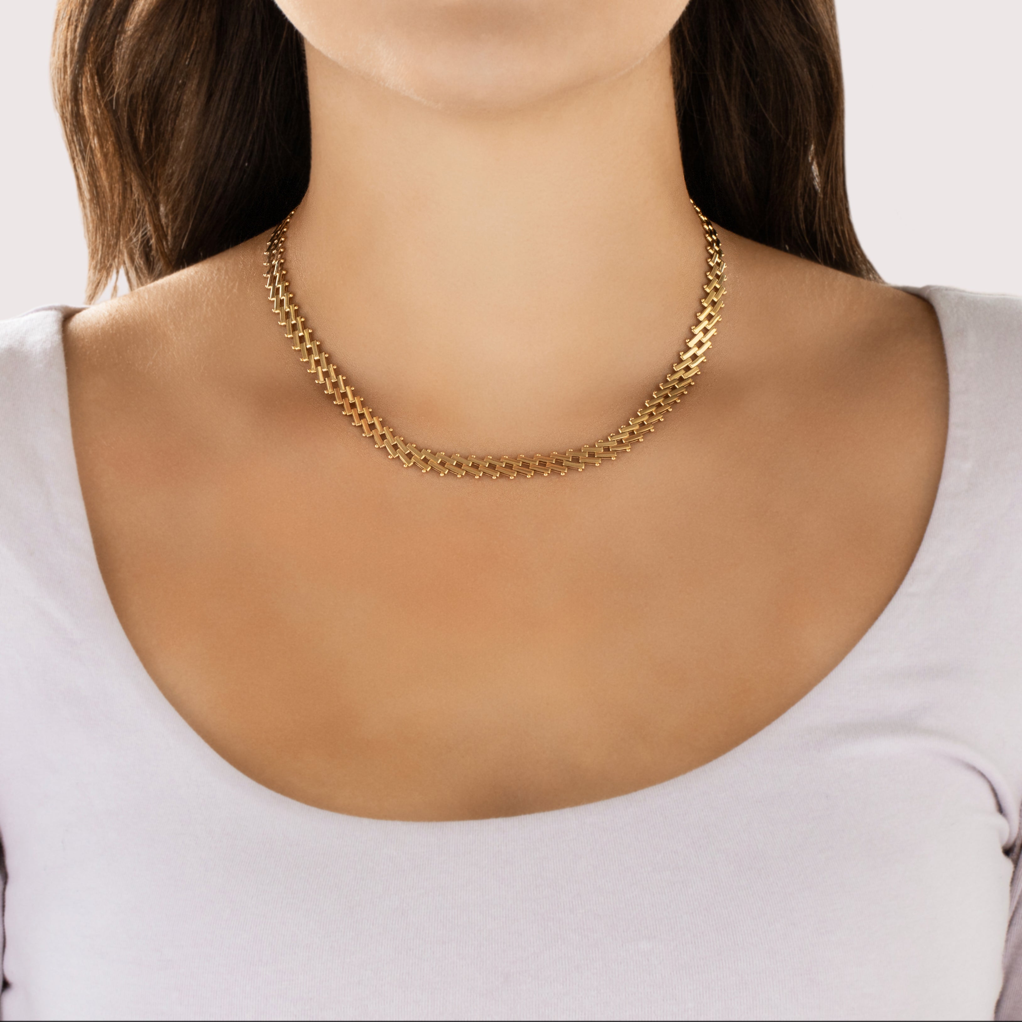 Vintage Italian 14k Yellow Gold Superb Diagonal Bar Link Necklace - On model view
