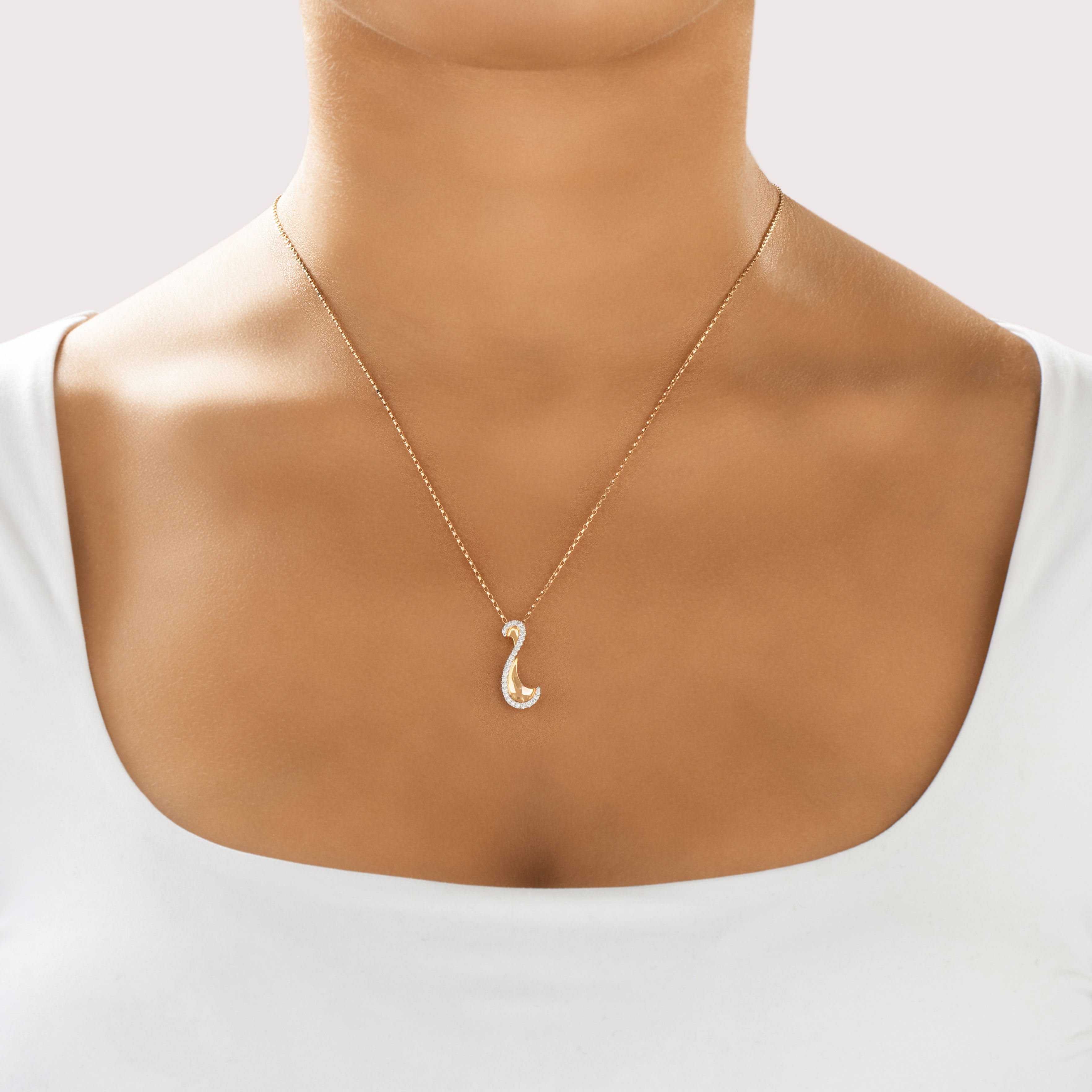 Estate Simon G. 18k Rose & White Gold [Custom Carat] Refined Sparkling Line Swish Pendant - On model view