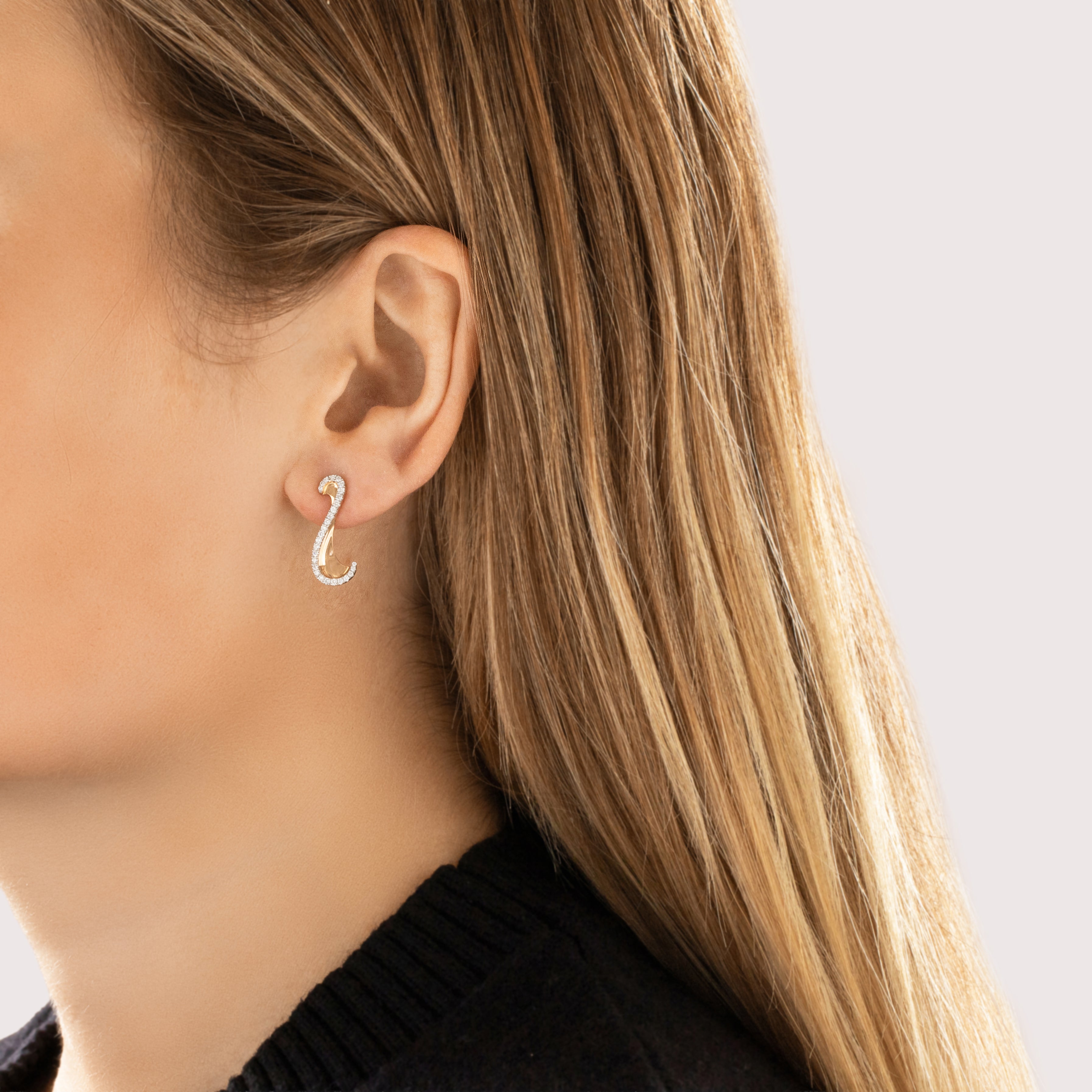 Estate Simon G. 18k Rose & White Gold [Custom Carat] Elegant Glittering Swish Earrings - On model view