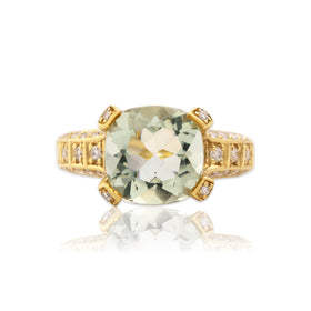 Vintage Substantial 18k Yellow Gold 3.69ct Prasiolite .75cttw Diamond Ring 6.25