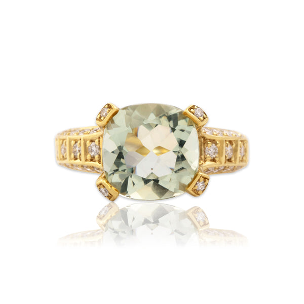 Vintage Substantial 18k Yellow Gold 3.69ct Prasiolite .75cttw Diamond Ring 6.25