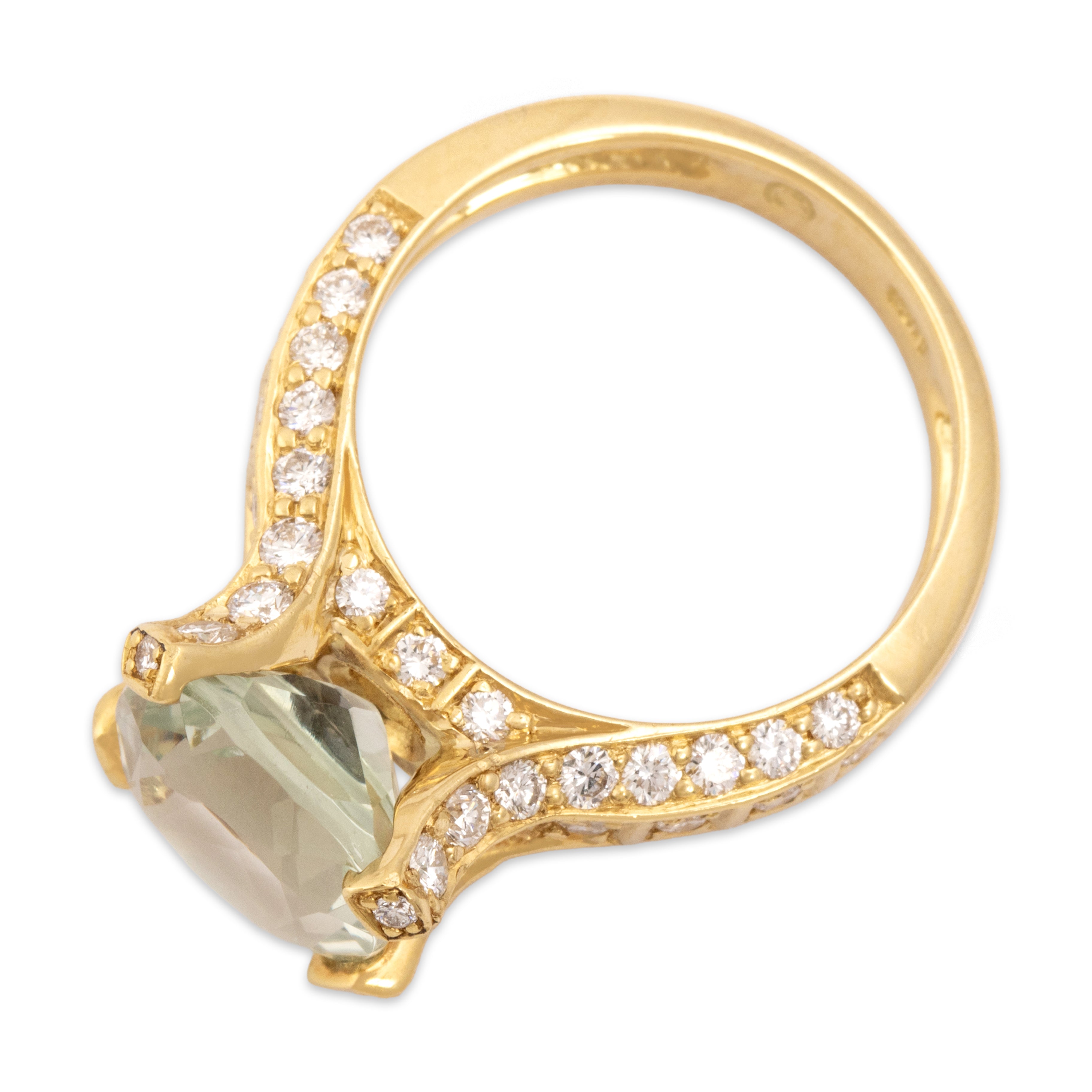 Vintage Substantial 18k Yellow Gold 3.69ct Prasiolite .75cttw Diamond Sculptural Cushion Cocktail Ring - Overall view