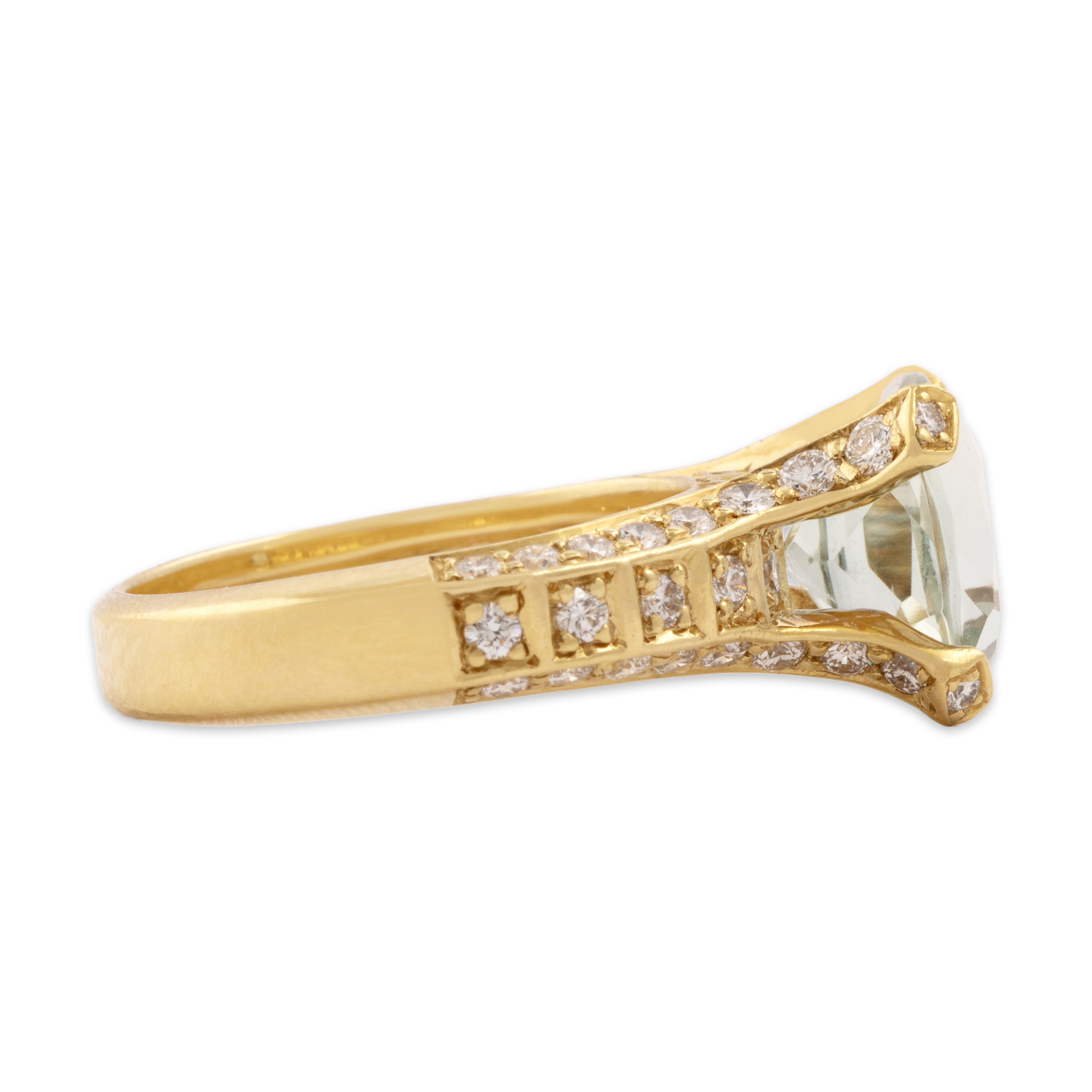 Vintage Substantial 18k Yellow Gold 3.69ct Prasiolite .75cttw Diamond Sculptural Cushion Cocktail Ring - Side view