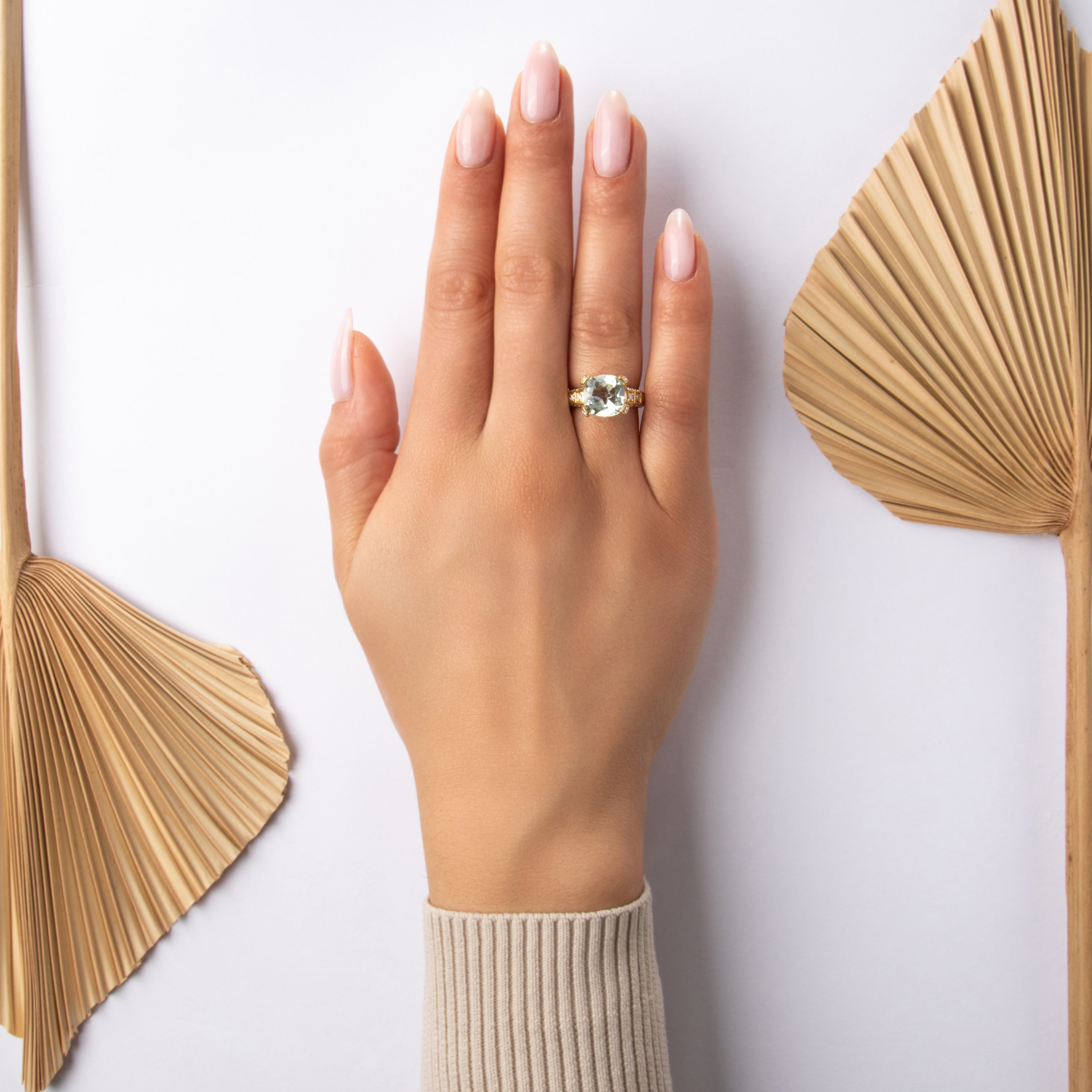 Vintage Substantial 18k Yellow Gold 3.69ct Prasiolite .75cttw Diamond Sculptural Cushion Cocktail Ring - On model view