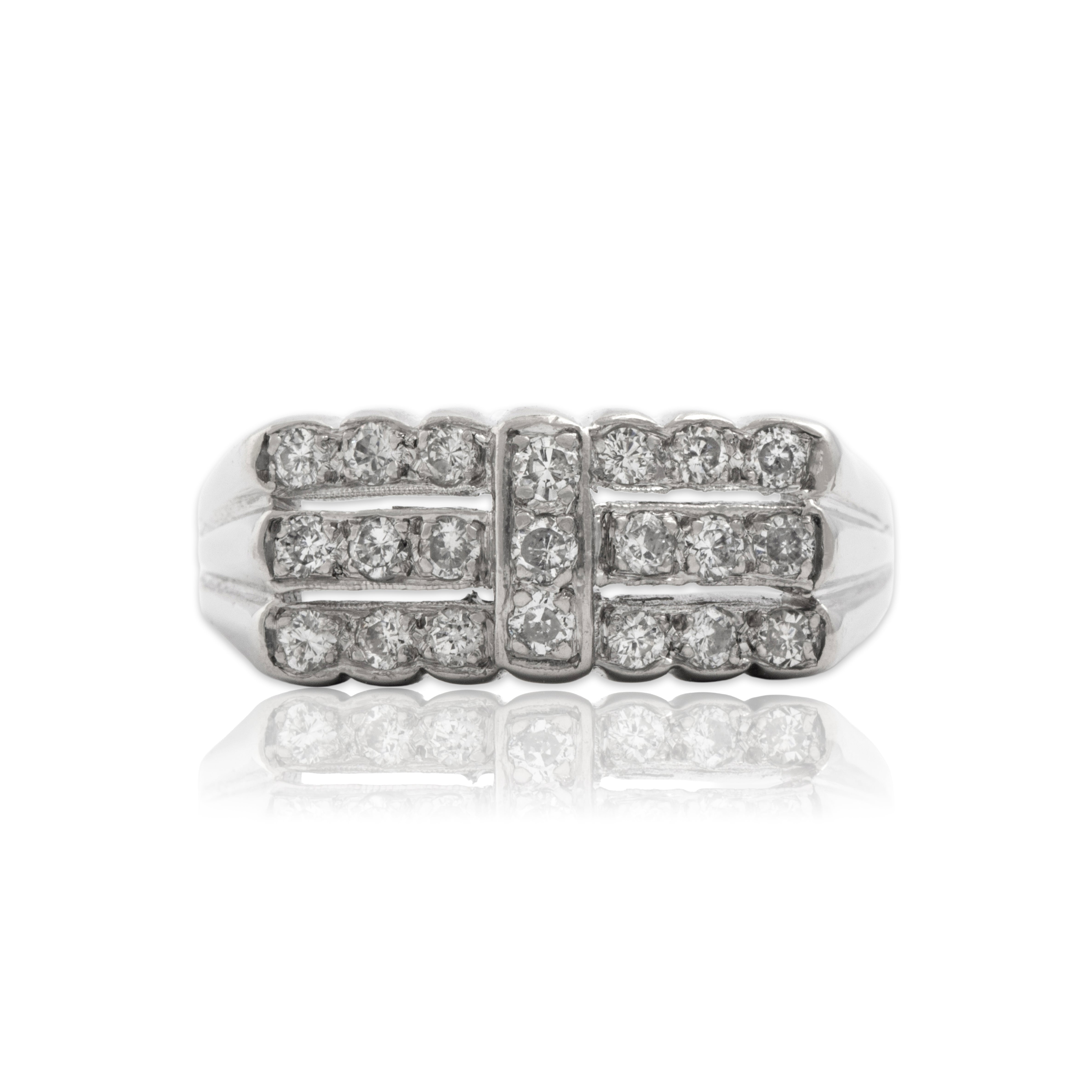 Vintage Heavy Platinum Diamond Striped Bar Ring - Close-up view