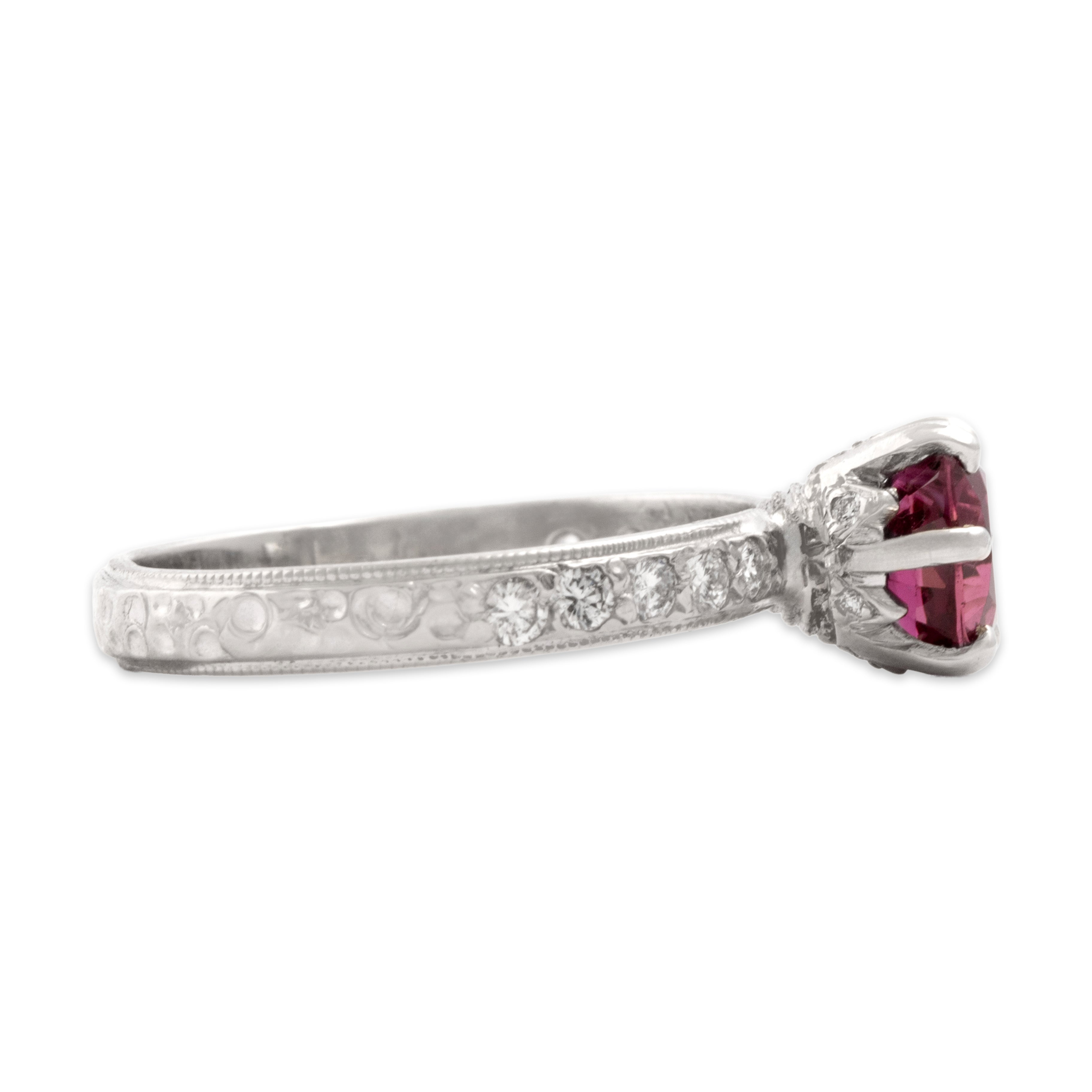 Vintage Platinum .72ct Ruby Diamond Lovely Tall Blossom Ring - Side view