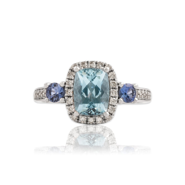 Estate 14k White Gold 1.25ct Aquamarine Champagne Diamond Blue Sapphire Ring 6.25