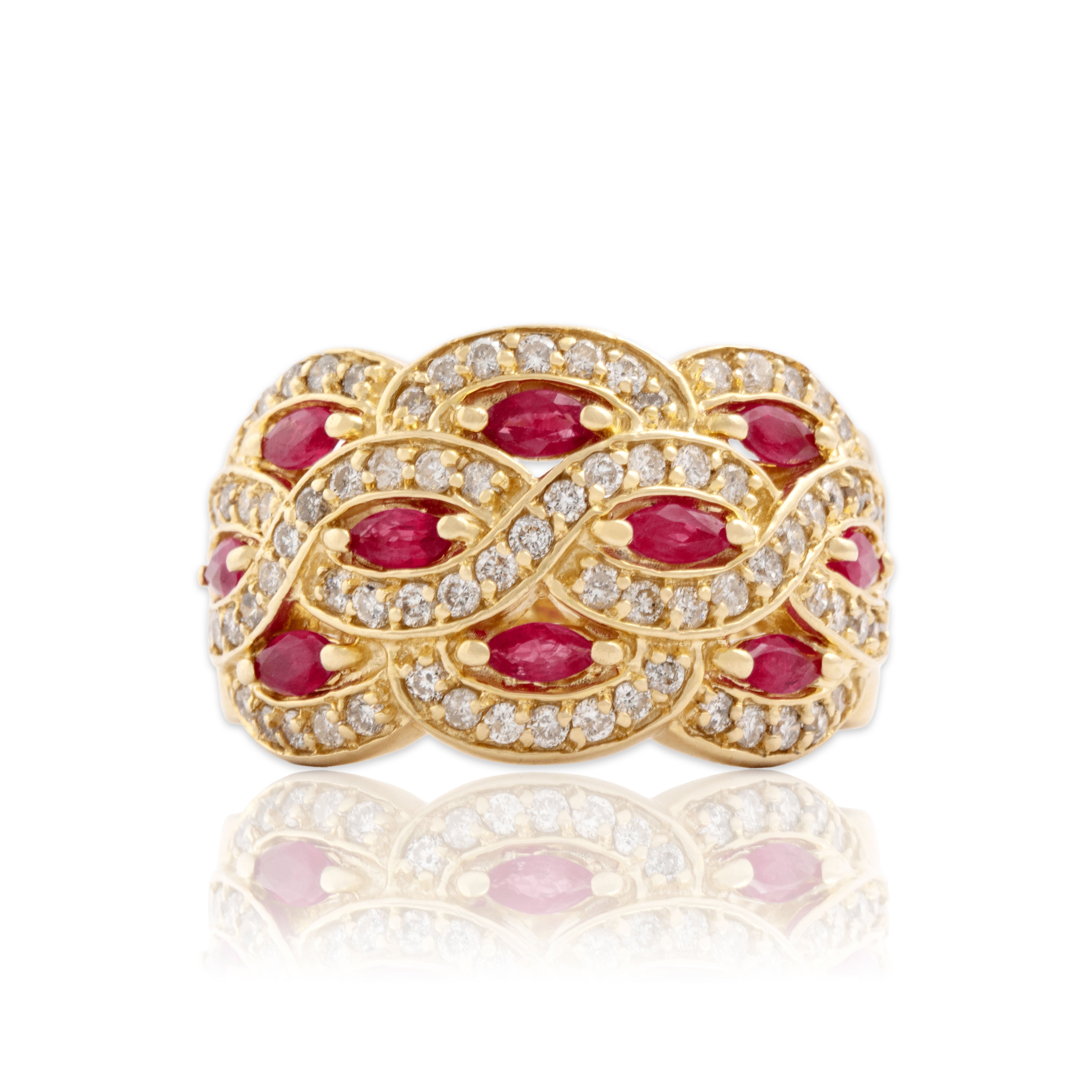 Vintage Heavy 14k Yellow Gold .69cttw Diamond .43cttw Ruby Wide Woven Ring 7.25