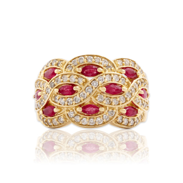 Vintage Heavy 14k Yellow Gold .69cttw Diamond .43cttw Ruby Wide Woven Ring 7.25