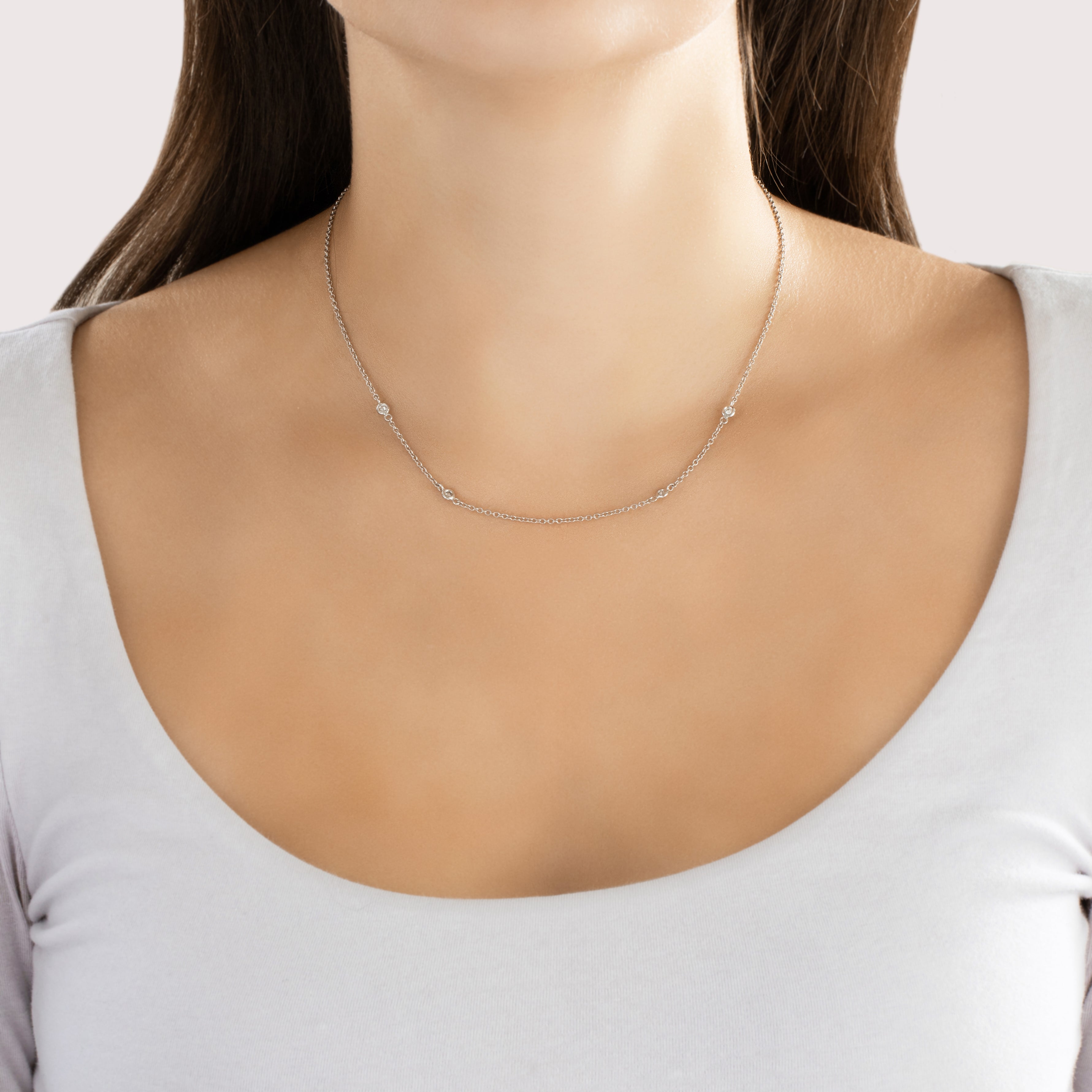 Vintage Italian 14k White Gold Diamond Chic Round Station Necklace - On model view