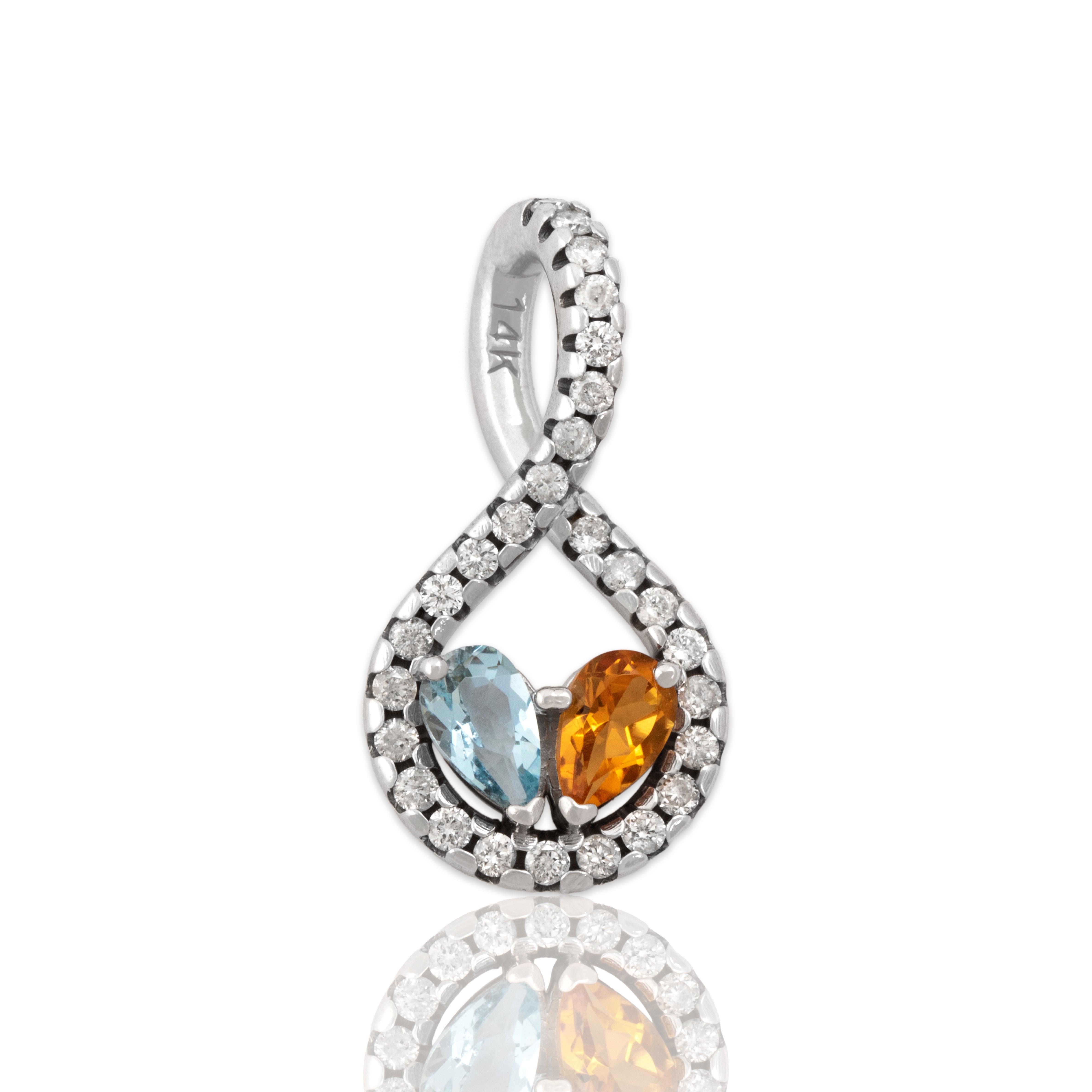 Vintage 14k White Gold Citrine Aquamarine Diamond Swooping Pear Twin Pendant