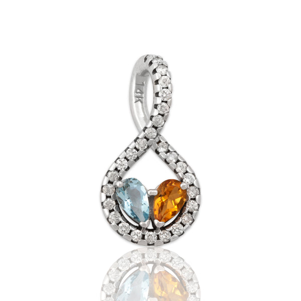 Vintage 14k White Gold Citrine Aquamarine Diamond Swooping Pear Twin Pendant