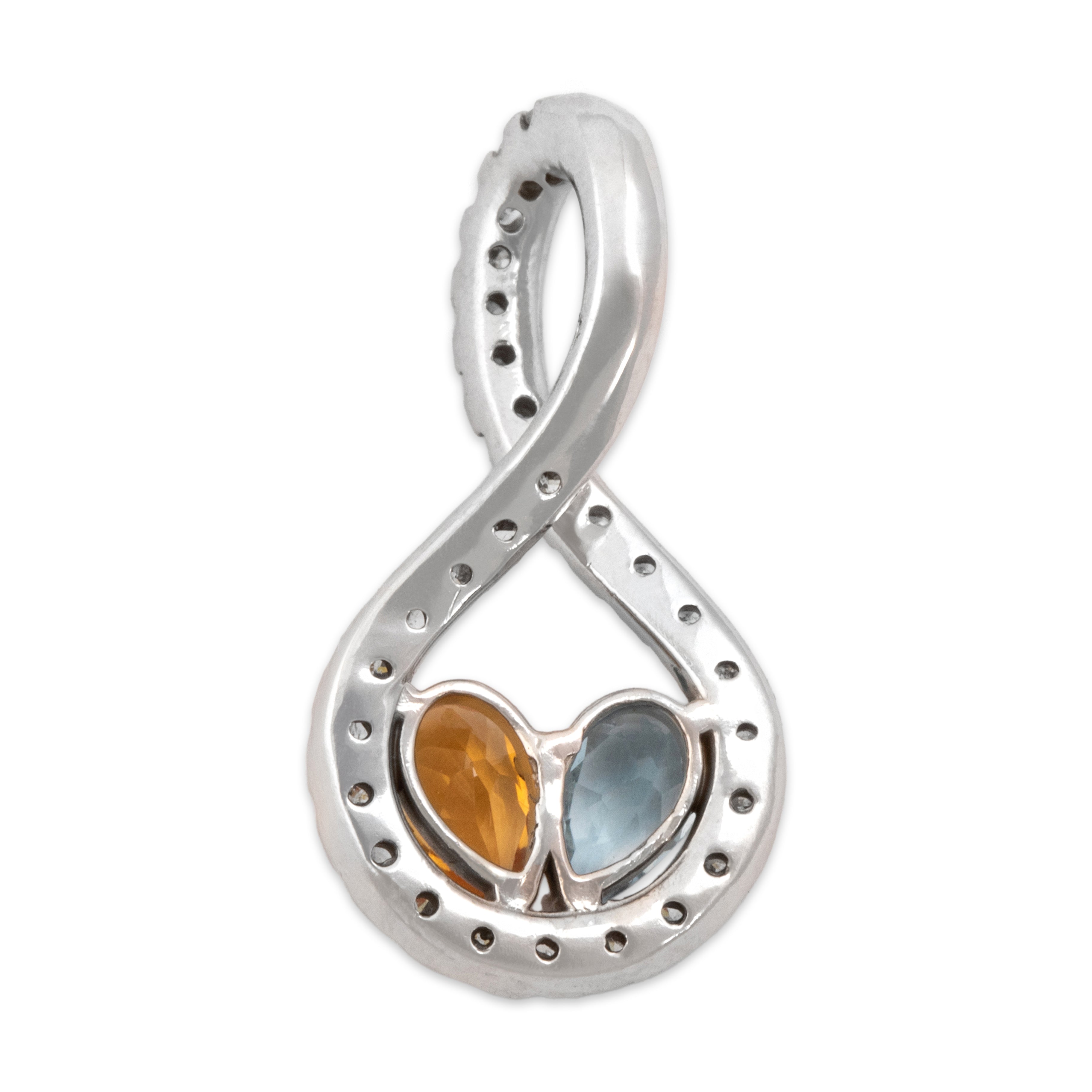 Vintage 14k White Gold Diamond Citrine Aquamarine Swooping Pear Twin Pendant - Back view