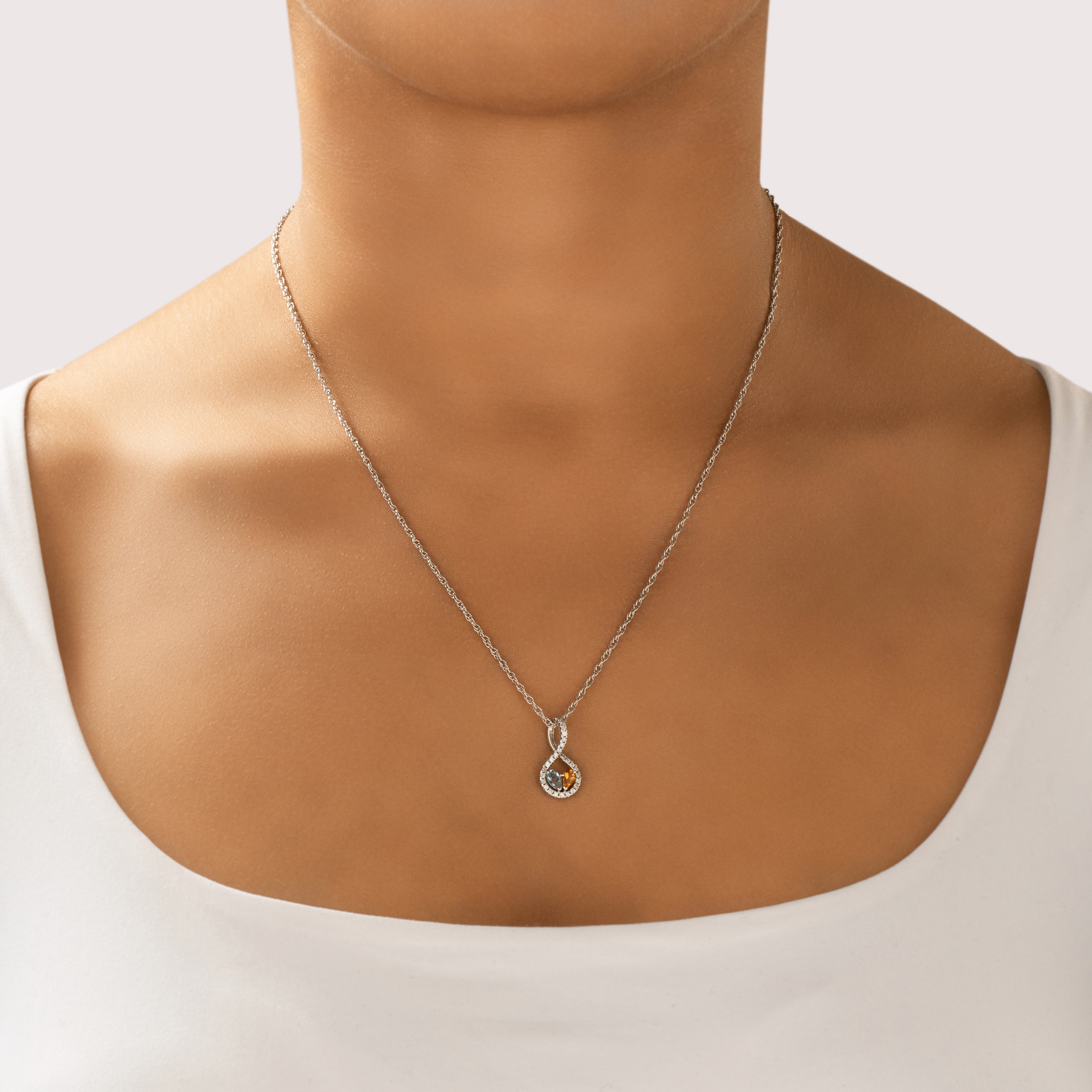 Vintage 14k White Gold Diamond Citrine Aquamarine Swooping Pear Twin Pendant - On model view