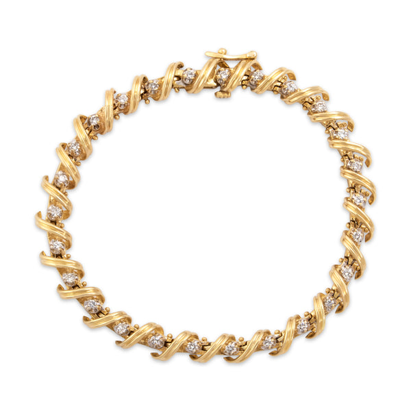Vintage Heavy 14k Yellow Gold .8cttw Diamond Sculptural Spiral Tennis Bracelet 7