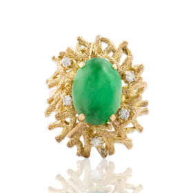 Vintage Heavy 14k Yellow & Rosy Yellow Gold 4.73ct Jade Diamond Brutalist Ring 7.00