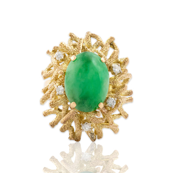 Vintage Heavy 14k Yellow & Rosy Yellow Gold 4.73ct Jade Diamond Brutalist Ring 7.00
