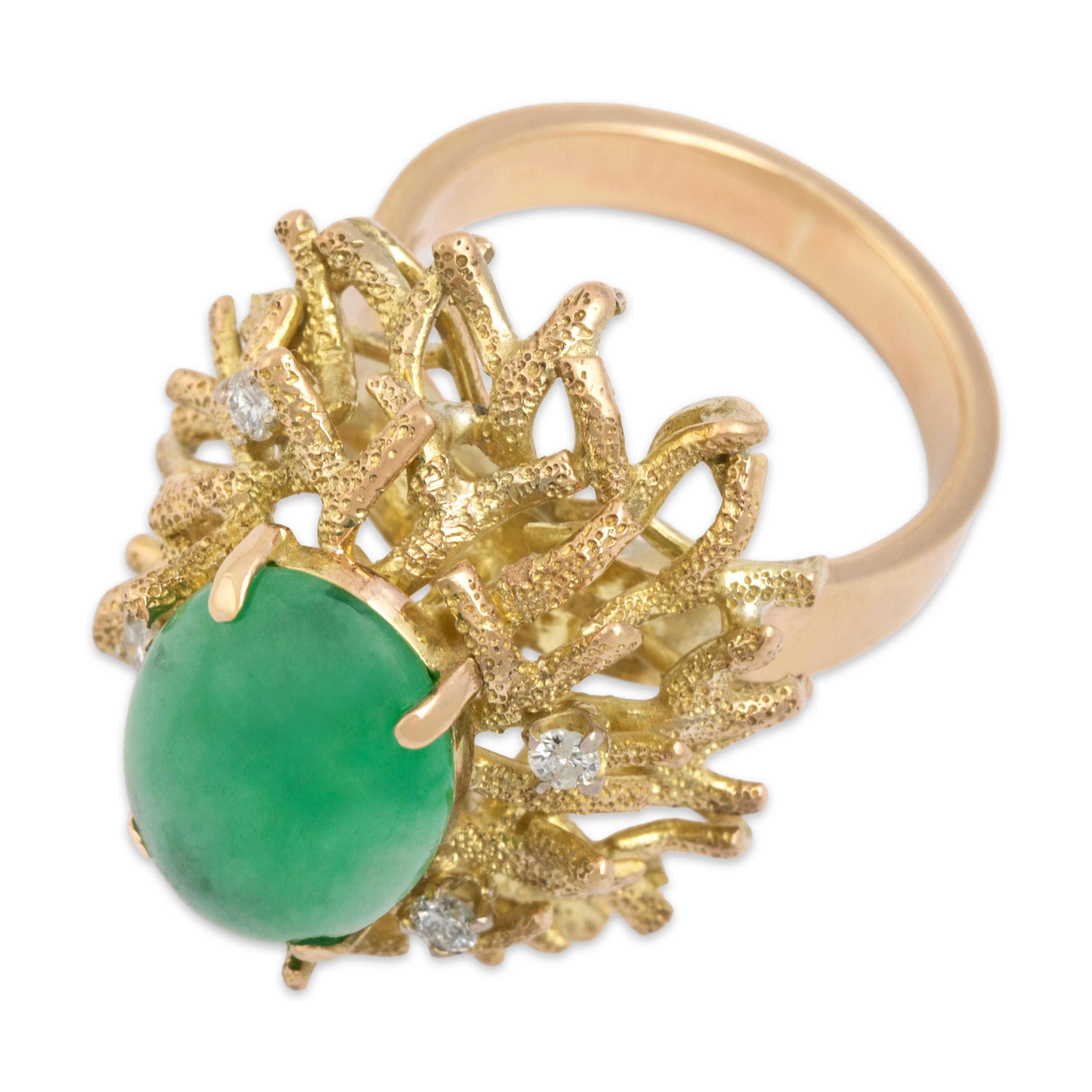 Vintage Heavy 14k Yellow & Rosy Yellow Gold 4.73ct Jade Diamond Brutalist Ring 7.00