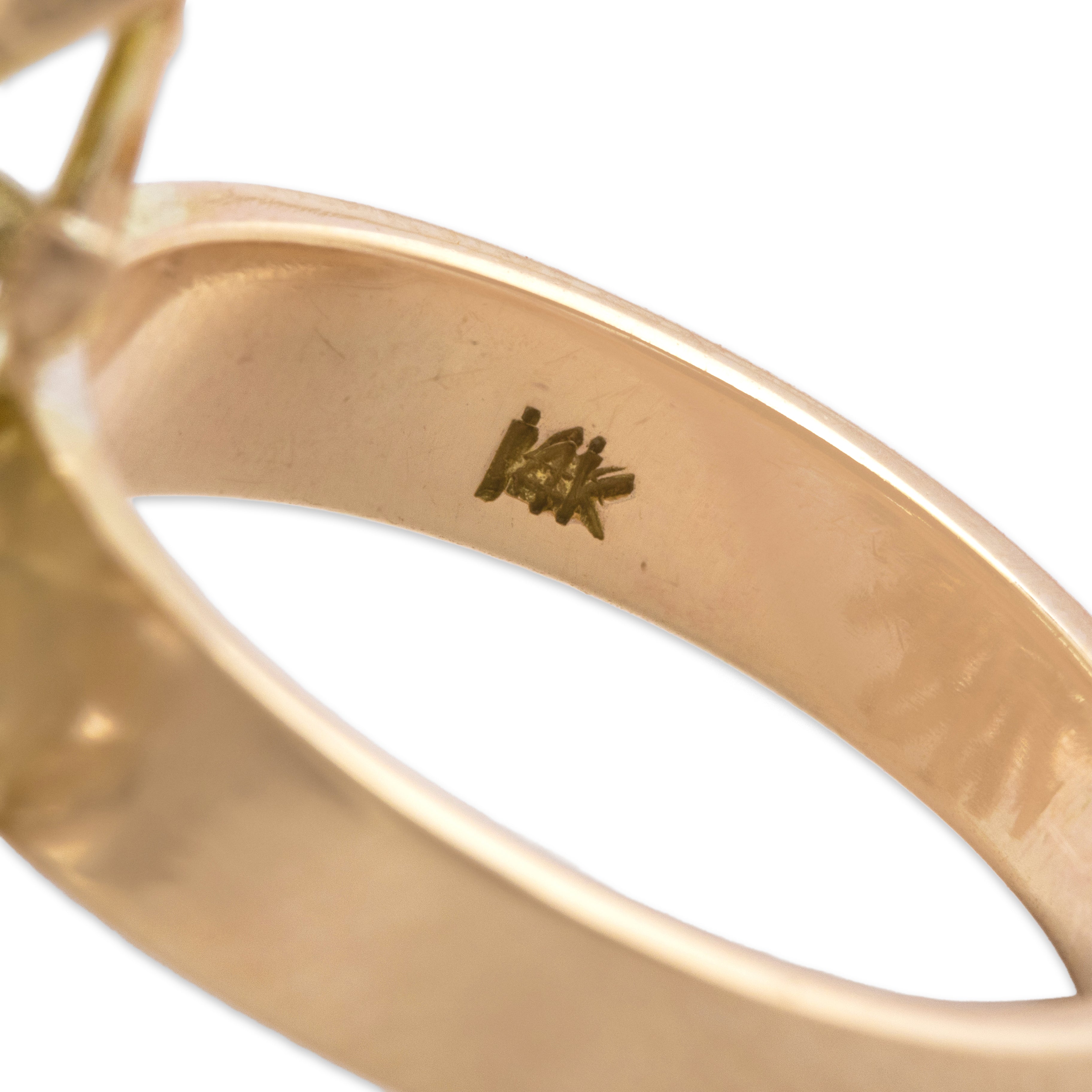 Vintage Substantial 14k Yellow & Rosy Yellow Gold 4.73ct Jade Diamond Brutalist Oceanic Setting Ring - Hallmark view