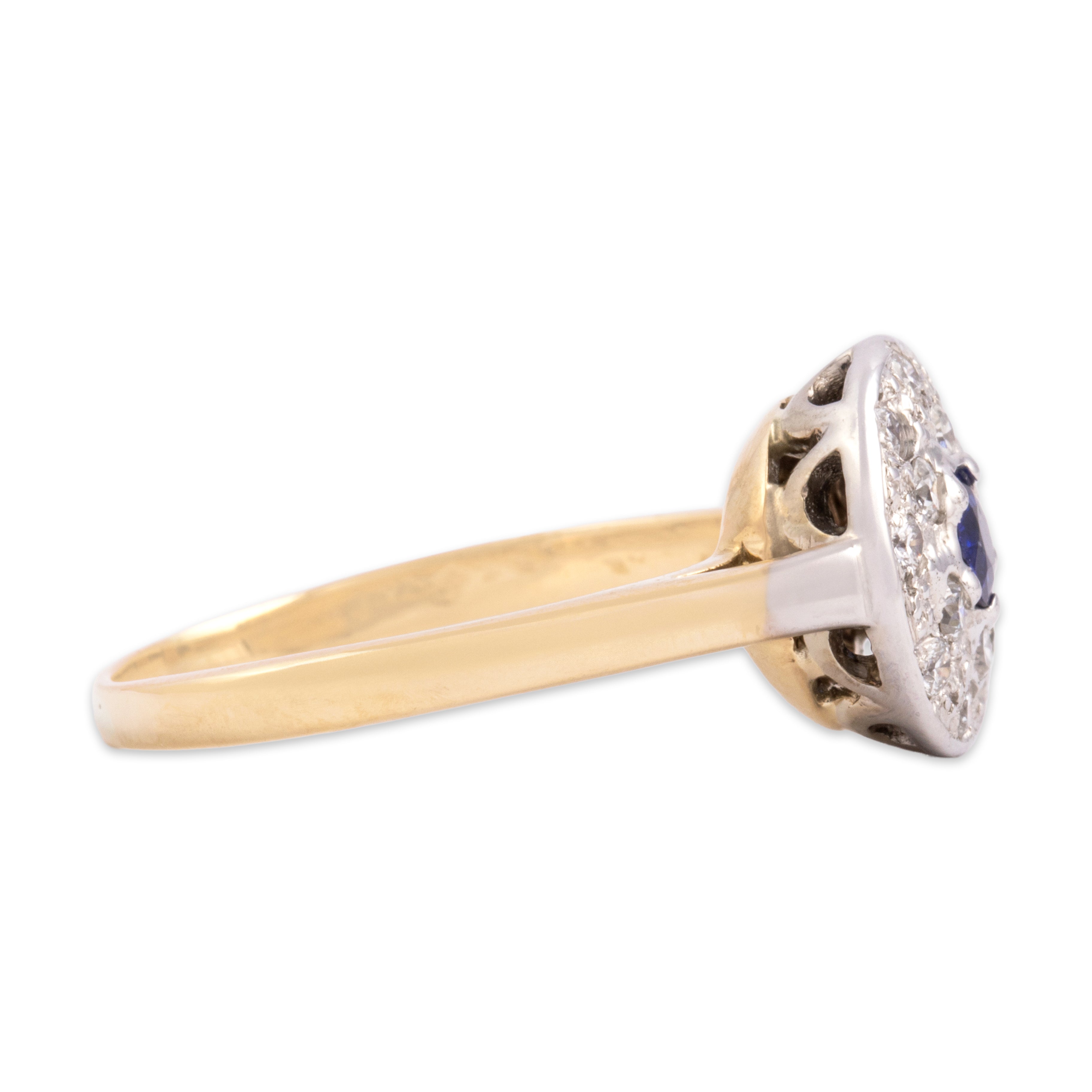 Vintage 14k Yellow & White Gold Blue Sapphire Diamond Sparkling Disc Halo Ring - Side view