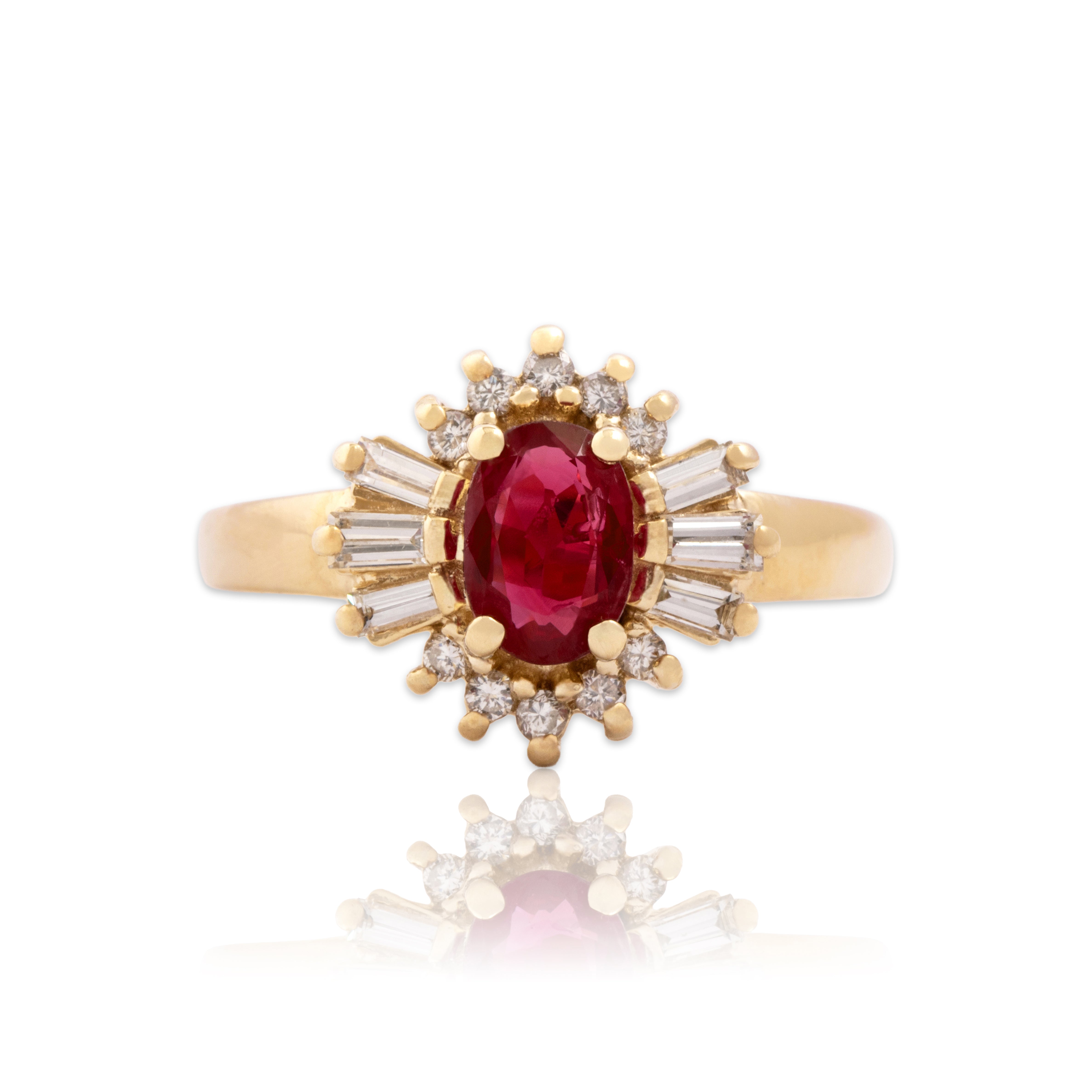 Vintage 14k Yellow Gold .69ct Ruby .59cttw Diamond Multi-Cut Halo Ring 7.50