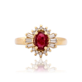 Vintage 14k Yellow Gold .69ct Ruby .59cttw Diamond Multi-Cut Halo Ring 7.50