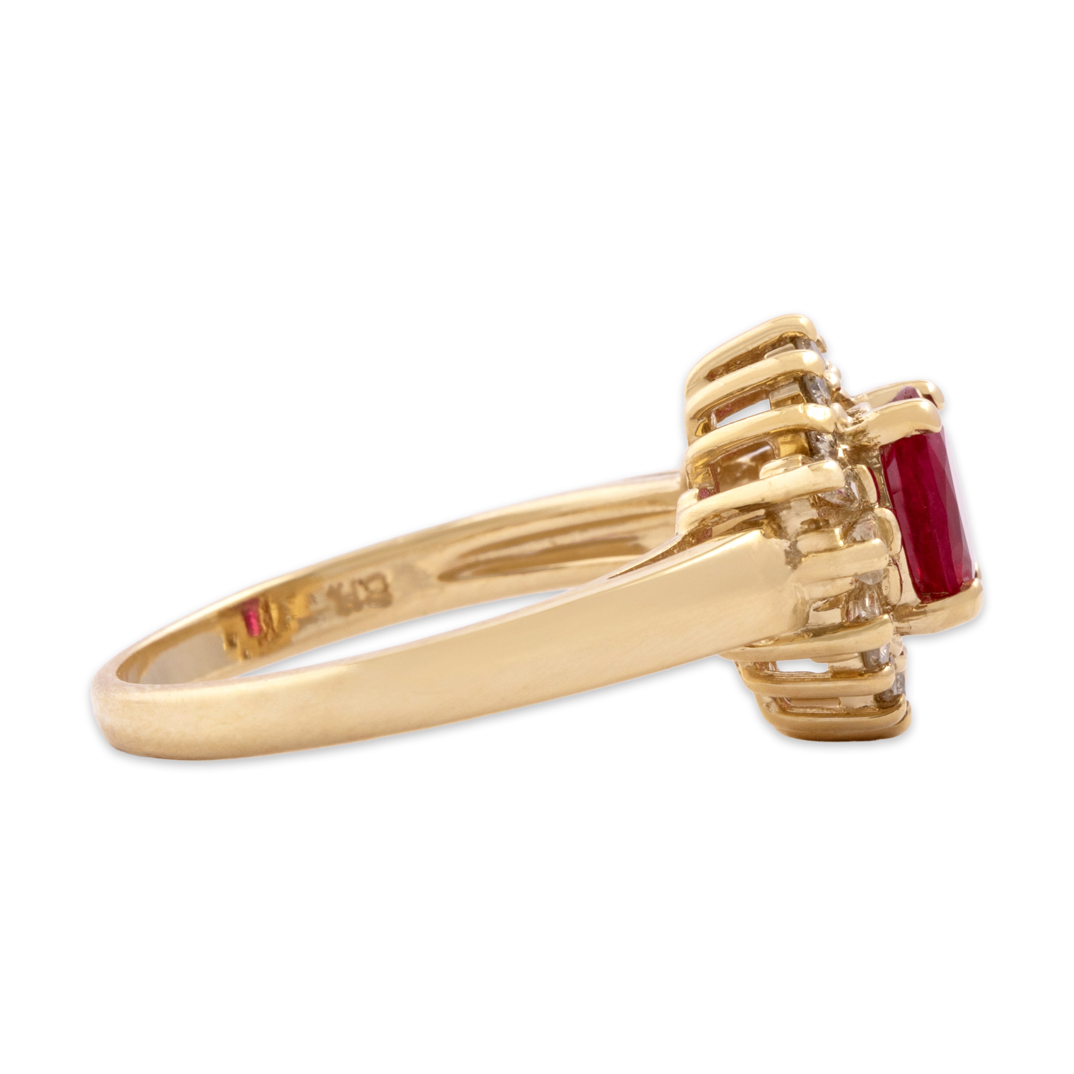 Vintage 14k Yellow Gold .69ct Ruby .59cttw Diamond Splendid Multi-Cut Halo Ring - Side view