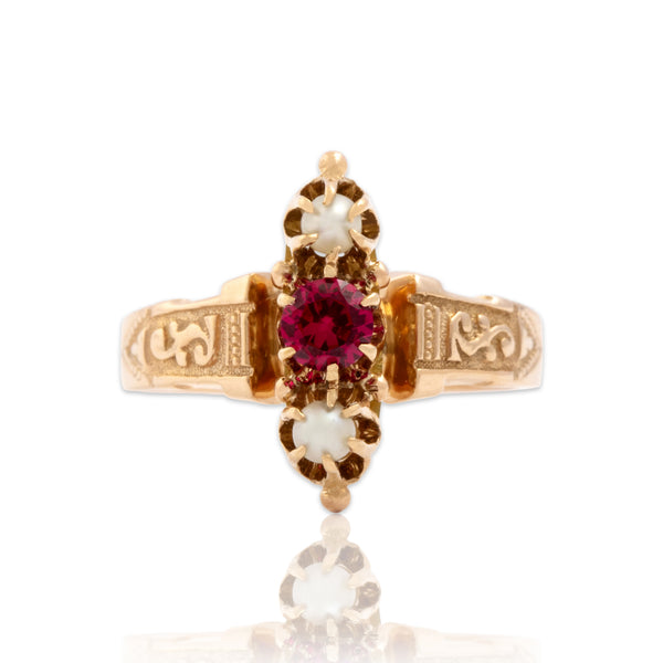 Antique 14k Rosy Yellow Gold Synthetic Ruby Pearl Fabulous Accented Ring 4.00