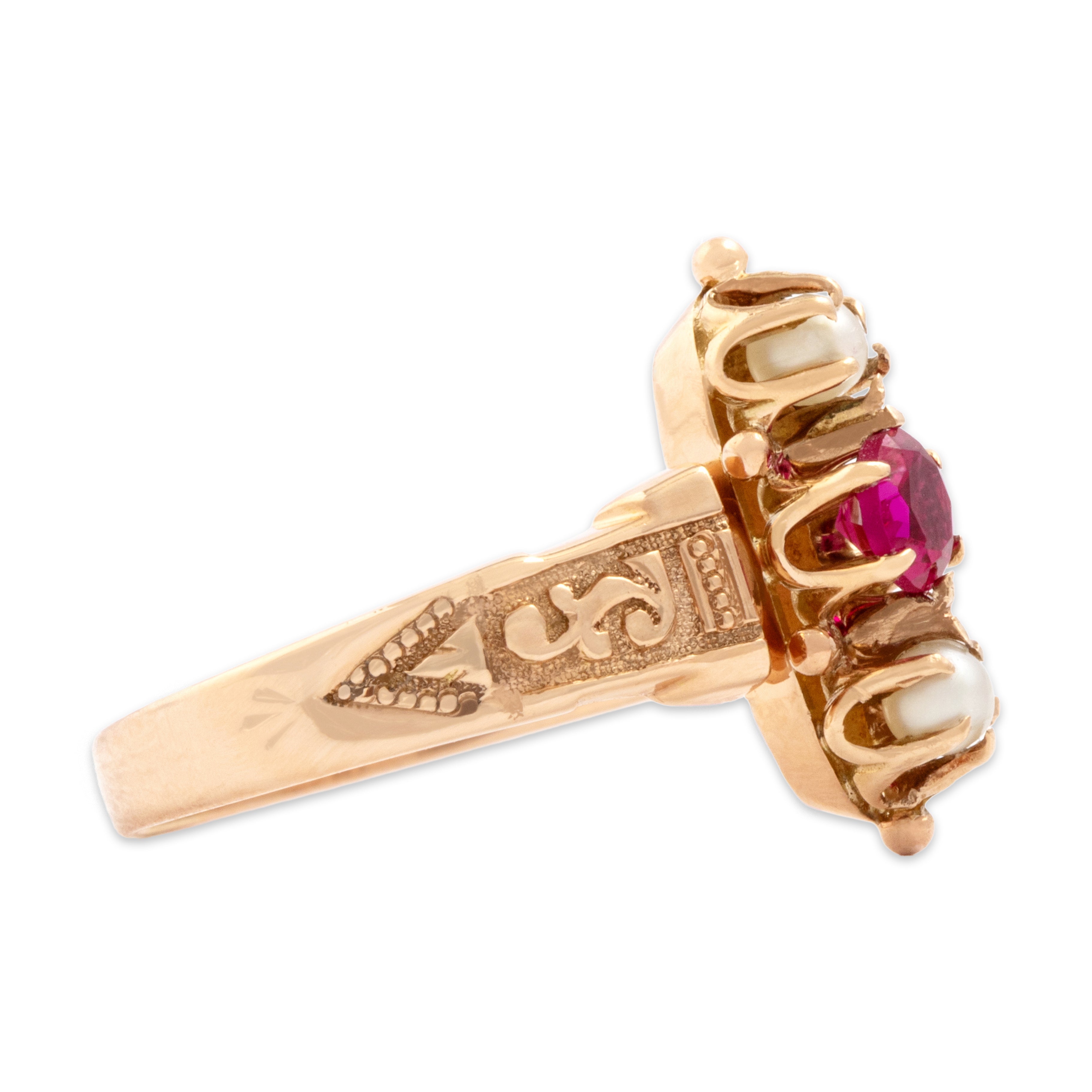 Antique 14k Rosy Yellow Gold Synthetic Ruby Pearl Fabulous Accented Shoulder Ring - Side view