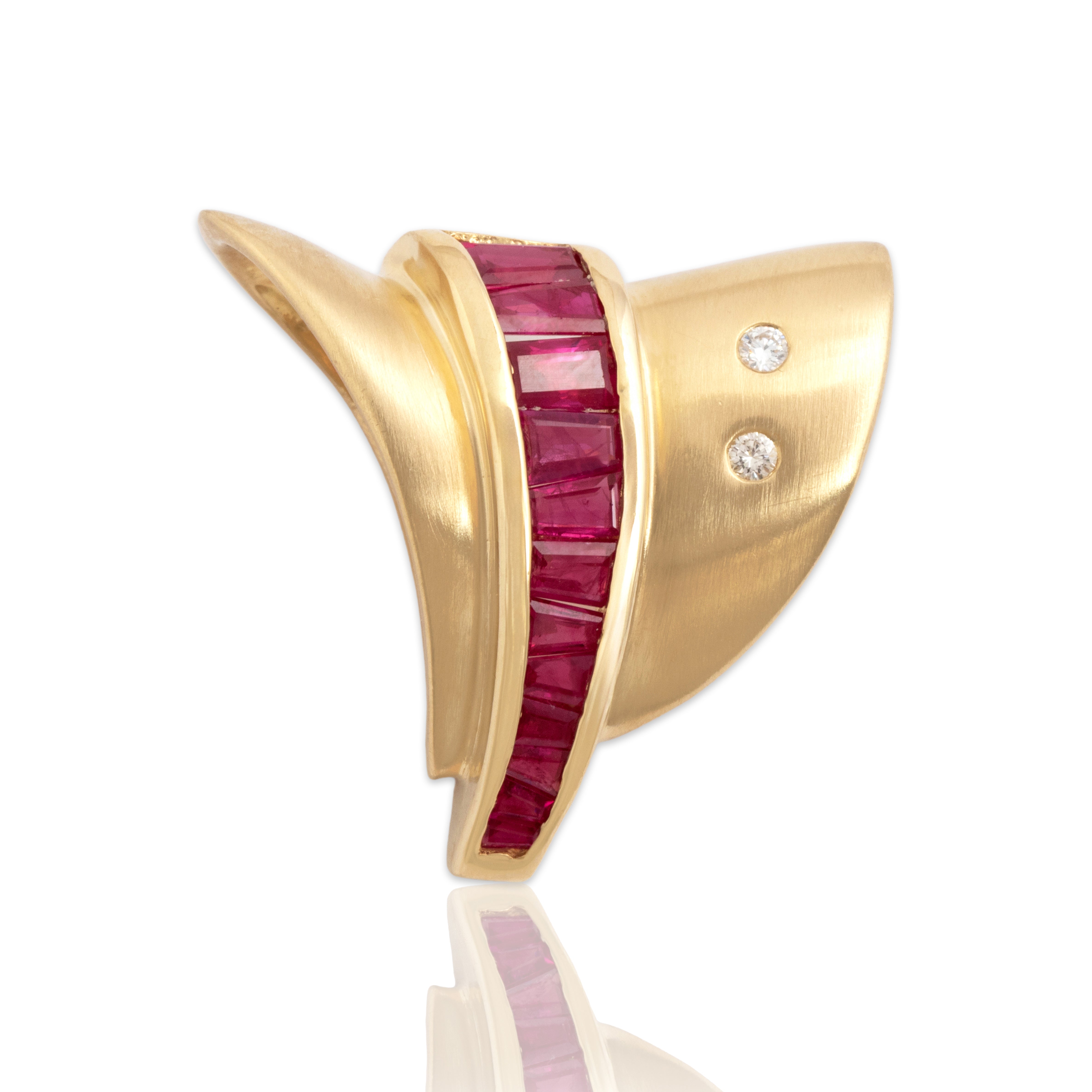 Vintage 14k Yellow Gold .94cttw Ruby Diamond Bold Brushed Geometric Slide Pendant - Close-up view