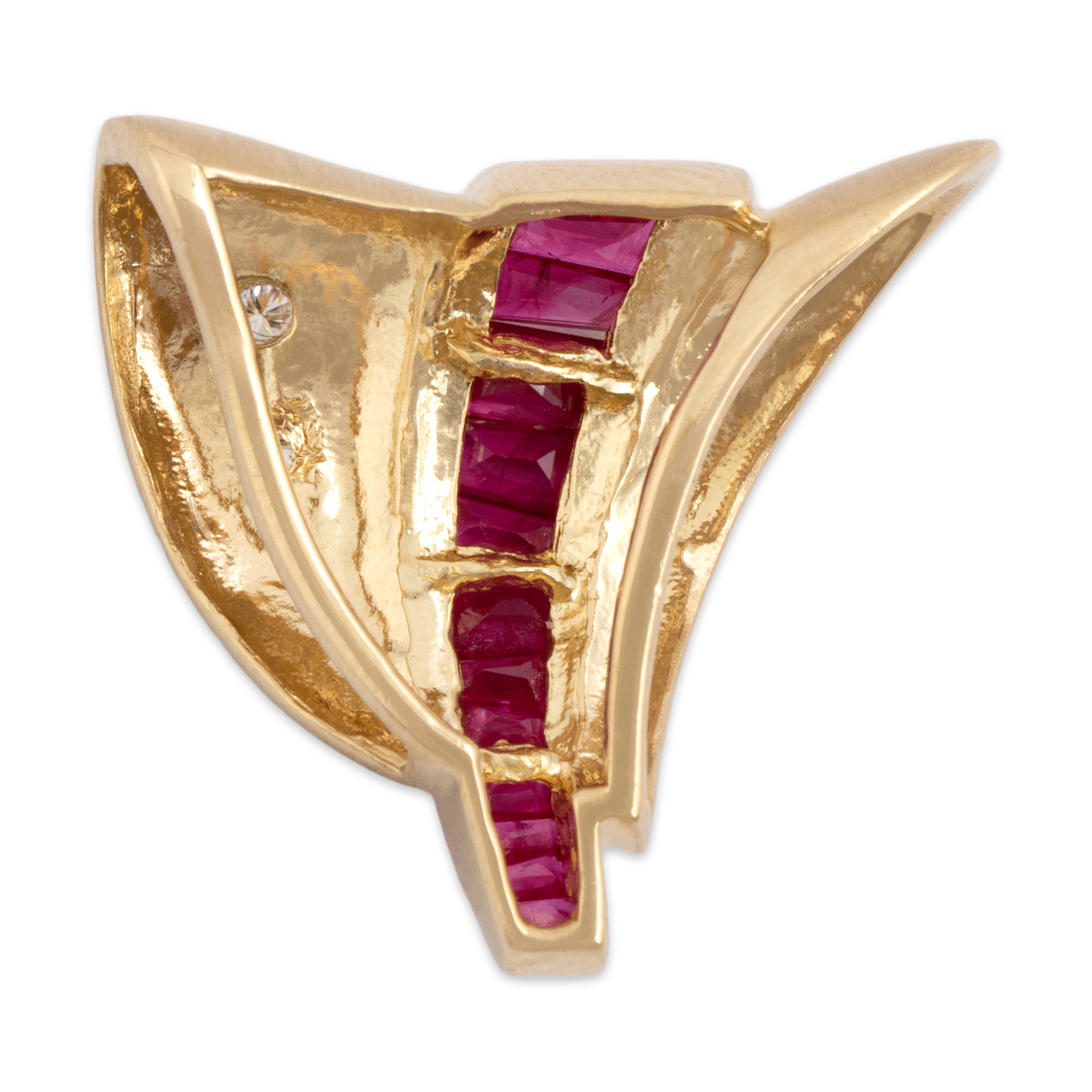 Vintage 14k Yellow Gold .94cttw Ruby Diamond Bold Brushed Geometric Slide Pendant - Back view