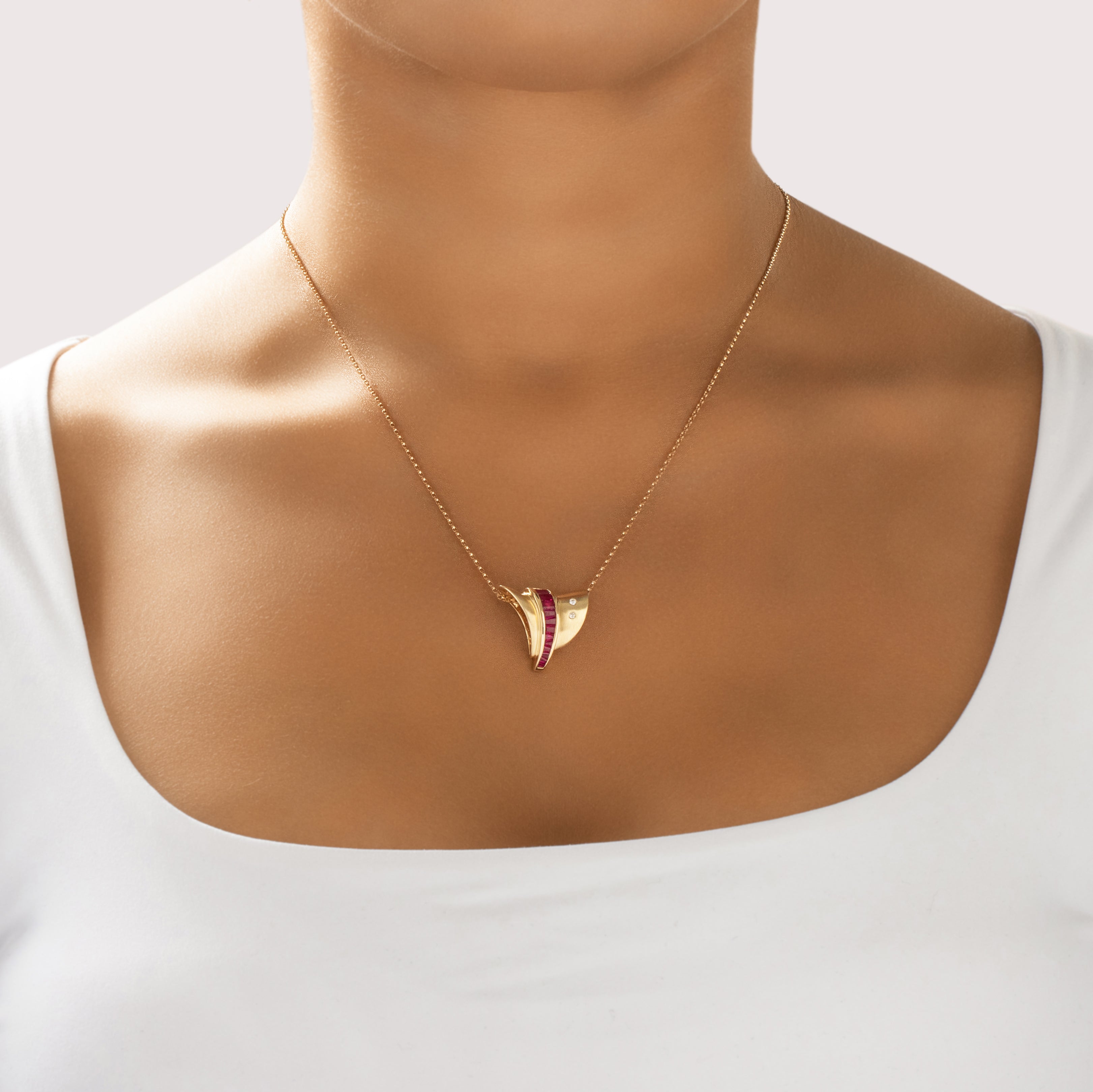 Vintage 14k Yellow Gold .94cttw Ruby Diamond Bold Brushed Geometric Slide Pendant - On model view