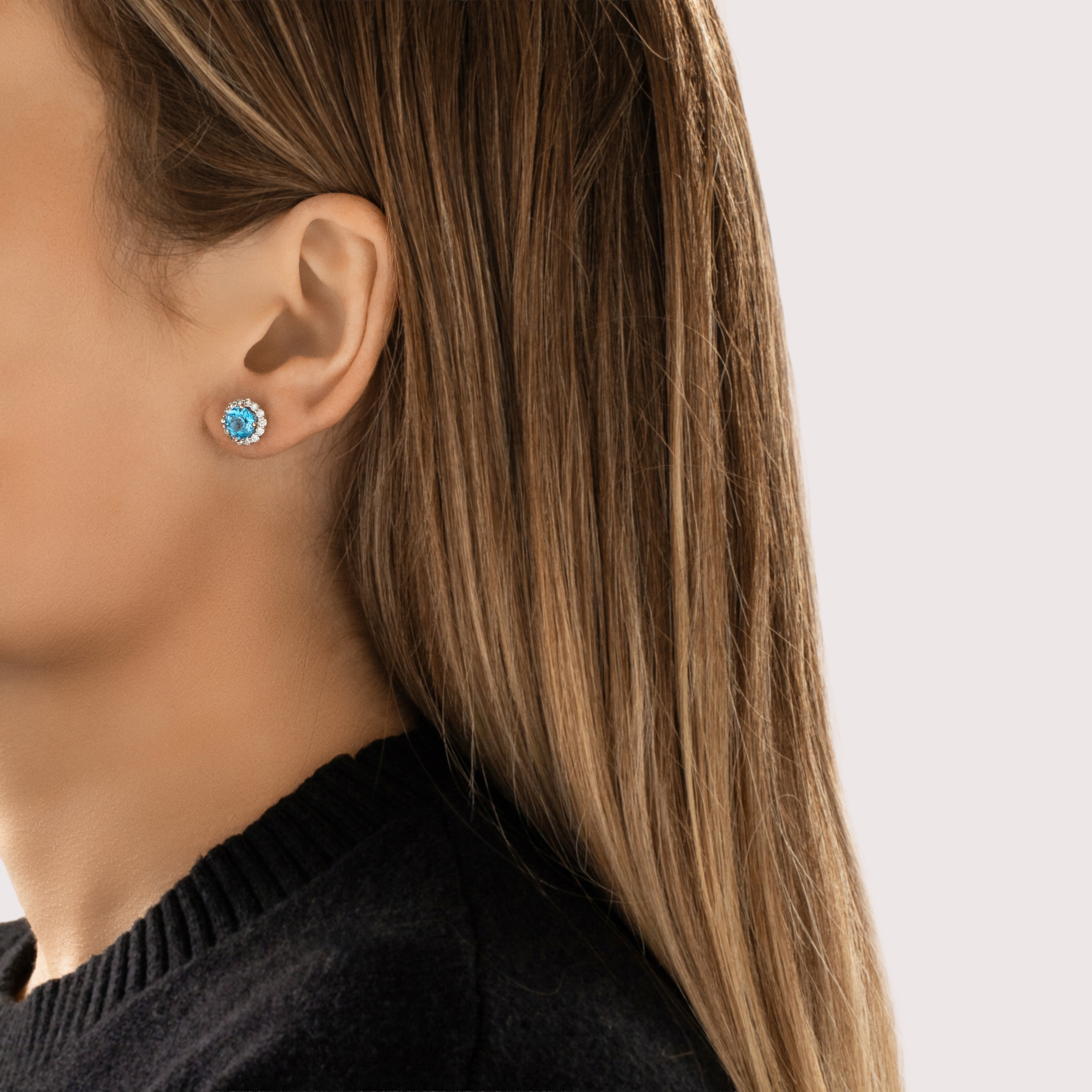 Vintage 14k White Gold 3.13cttw Swiss Blue Topaz .54cttw Diamond Bright Halo Stud Earrings - On model view
