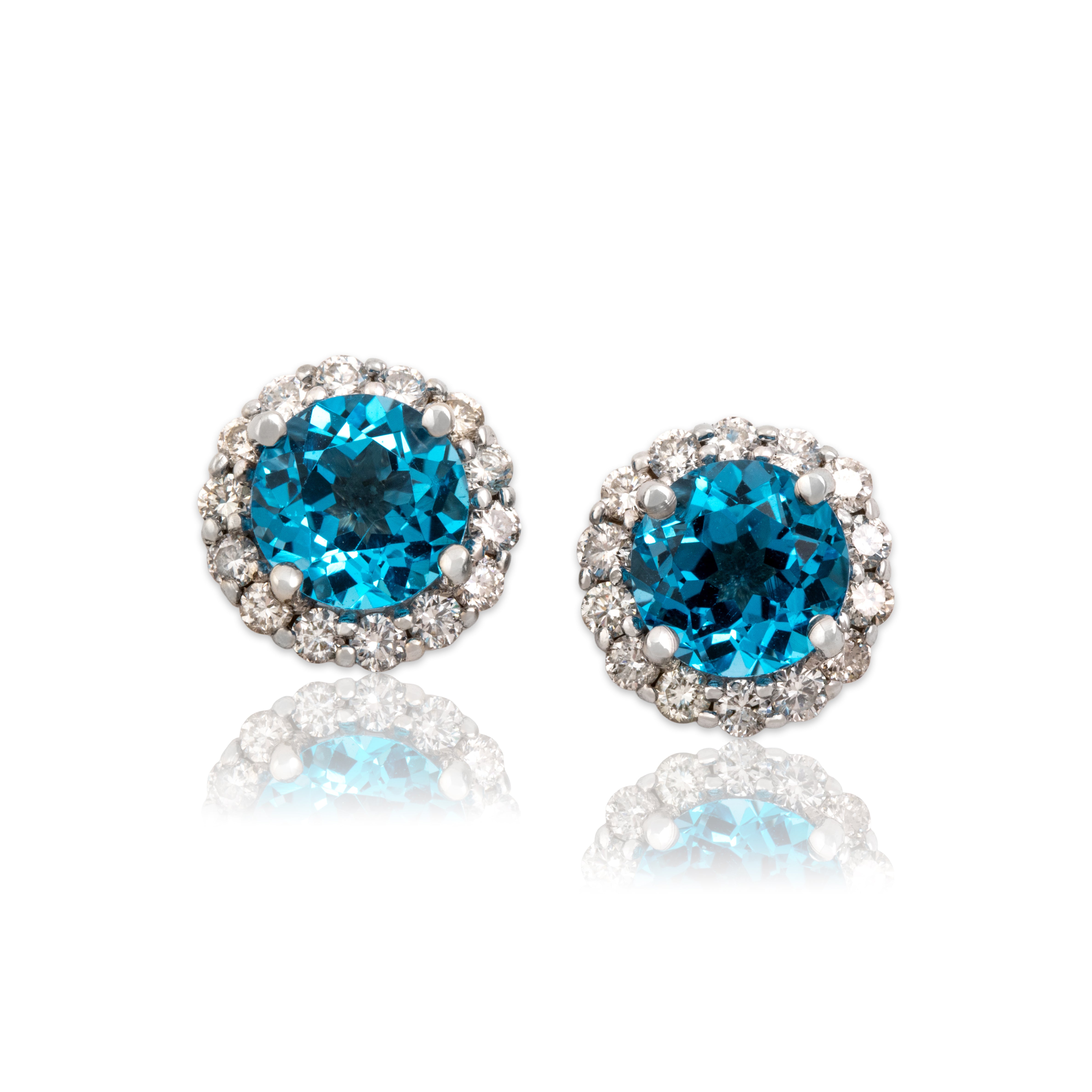 Vintage 14k White Gold 3.13cttw Swiss Blue Topaz .54cttw Diamond Bright Halo Stud Earrings - Close-up view