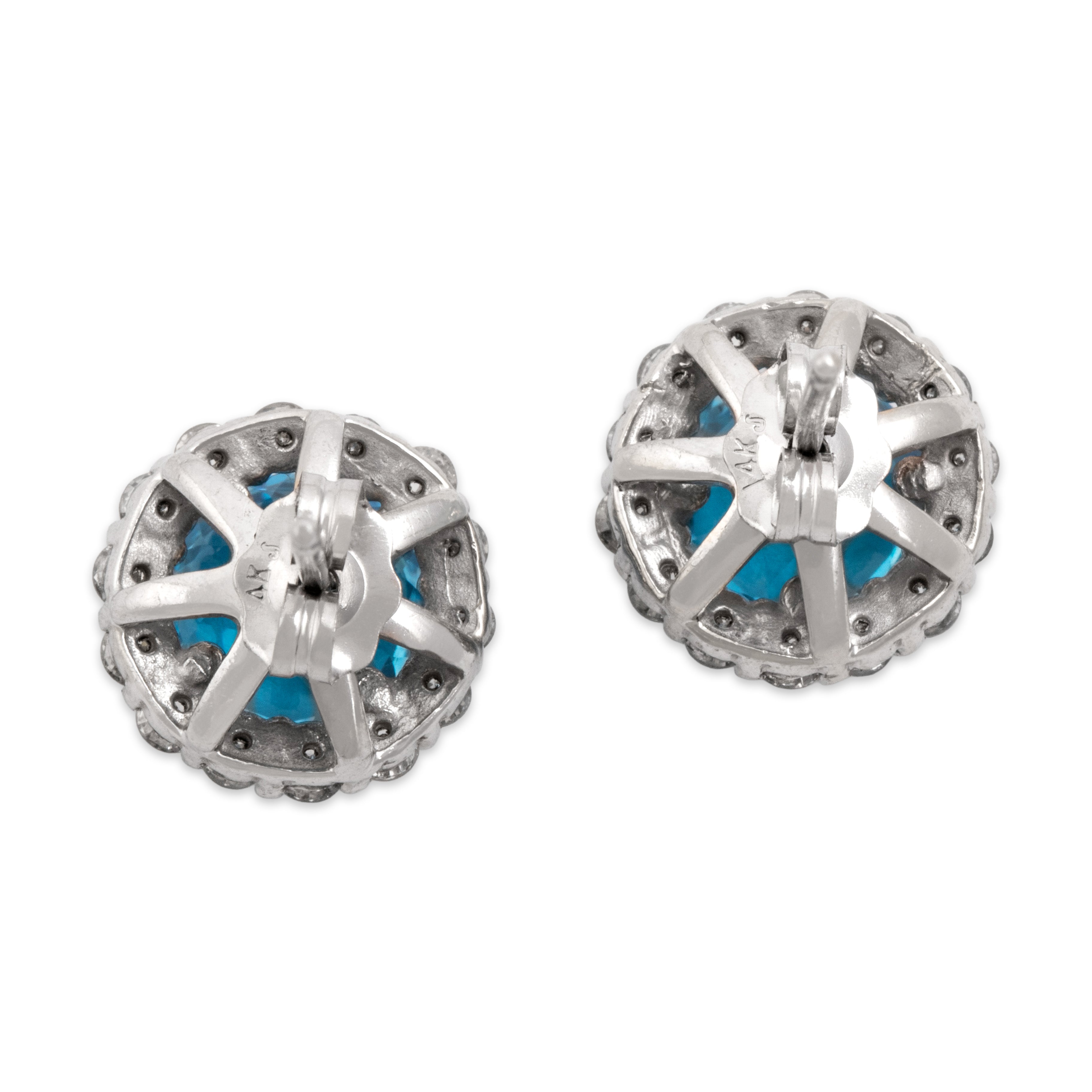 Vintage 14k White Gold 3.13cttw Swiss Blue Topaz .54cttw Diamond Bright Halo Stud Earrings - Back view