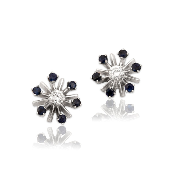 Vintage 14k White Gold .5cttw Blue Sapphire Diamond Glittering Stud Earrings