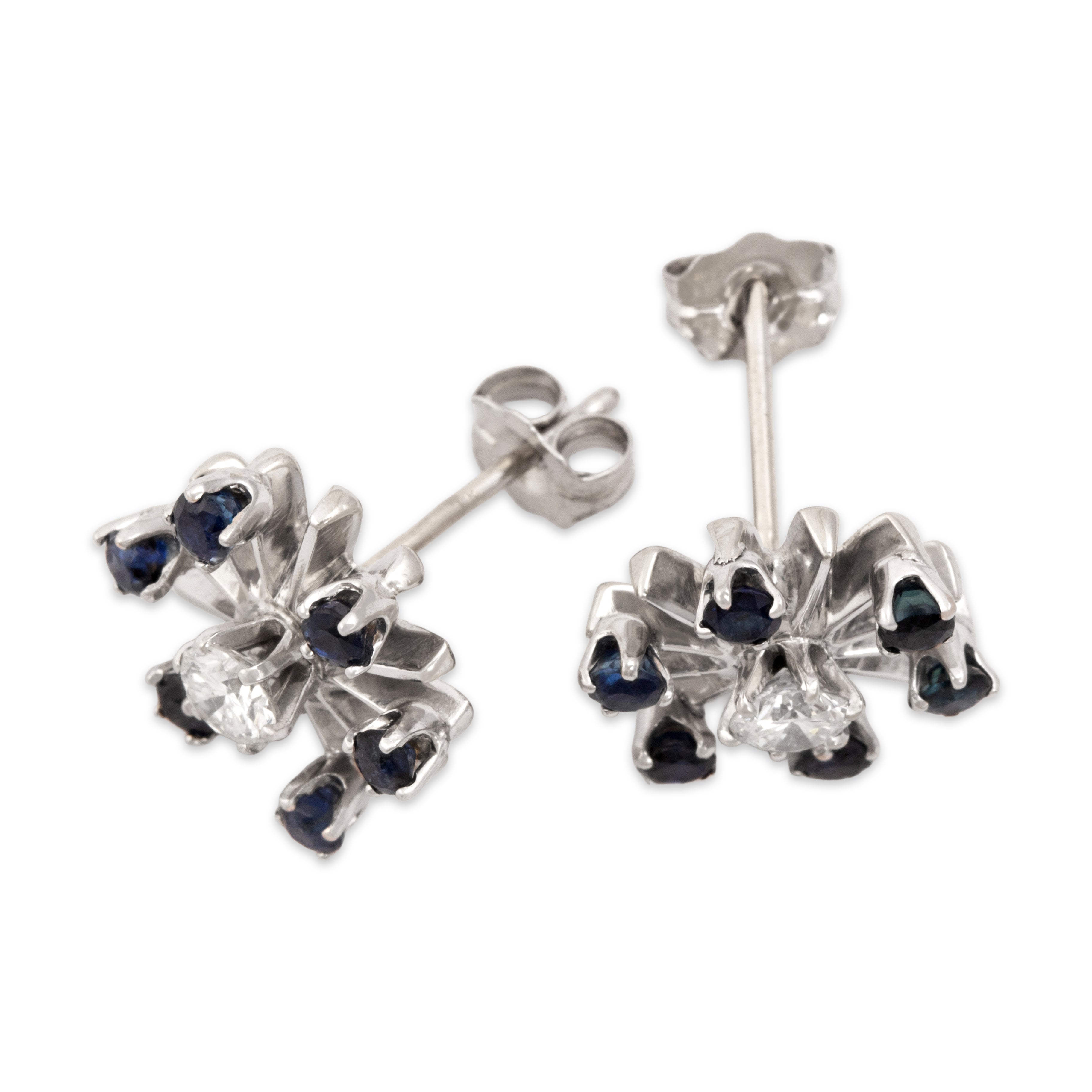 Vintage 14k White Gold .5cttw Blue Sapphire Diamond Glittering Starburst Stud Earrings - Overall view