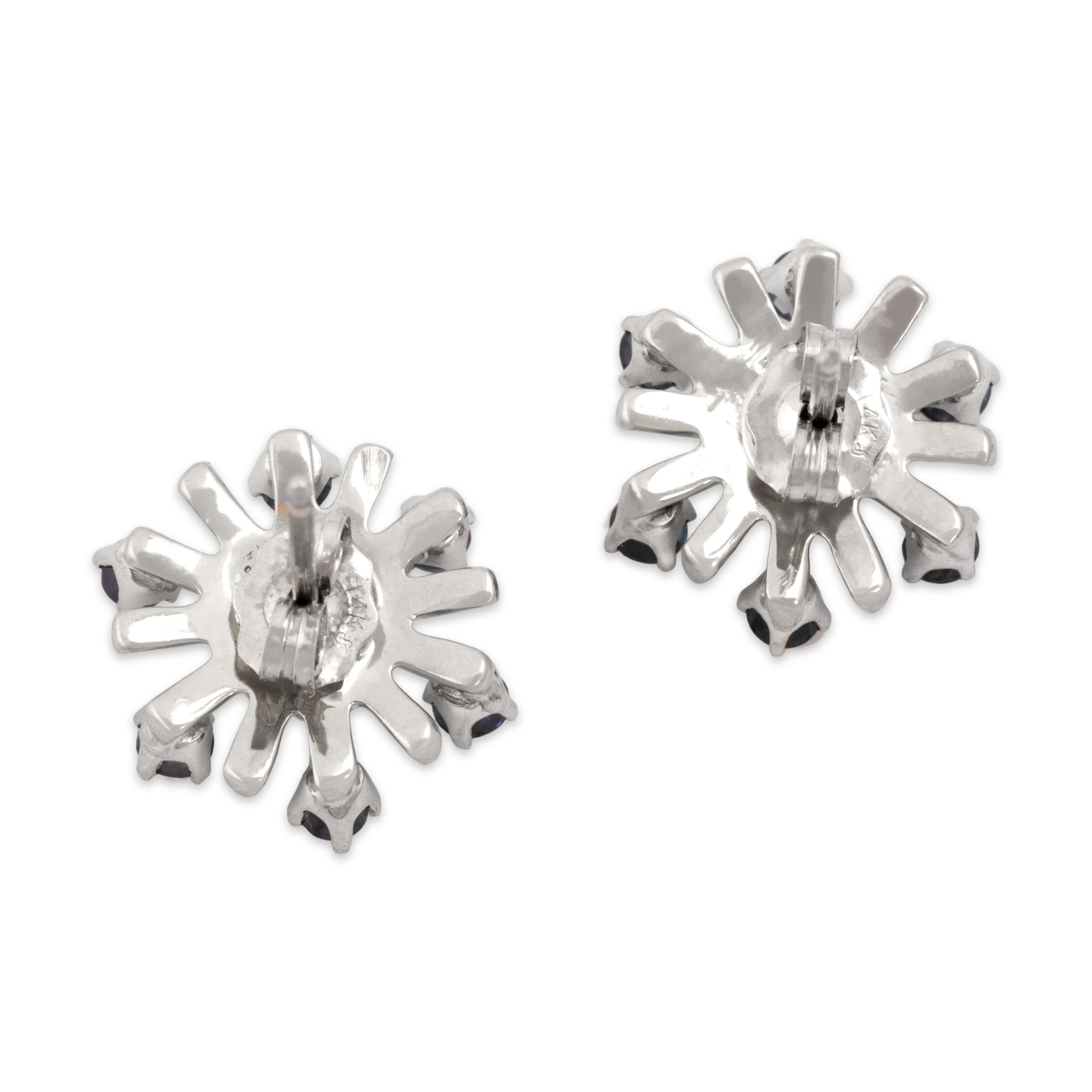 Vintage 14k White Gold .5cttw Blue Sapphire Diamond Glittering Starburst Stud Earrings - Back view