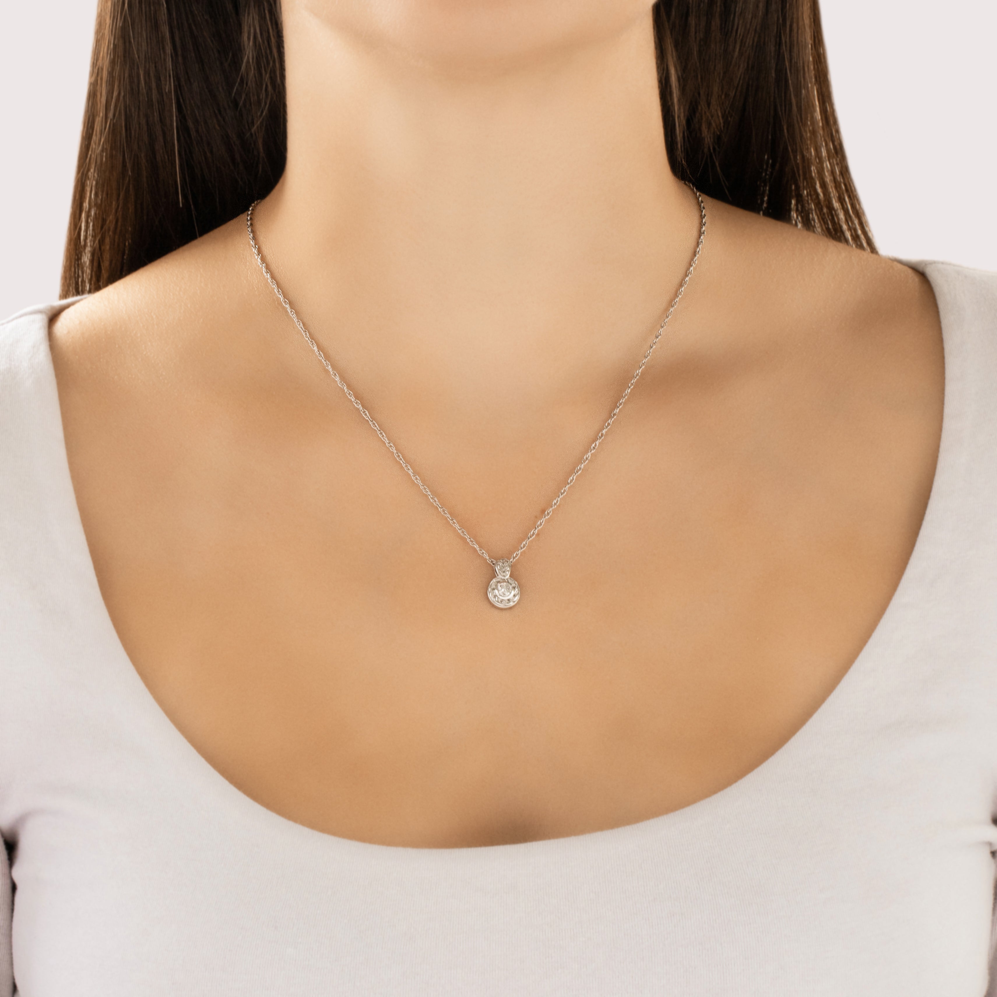 Vintage 14k White Gold Diamond Lovely Swirling Bezel Solitairte Pendant - On model view