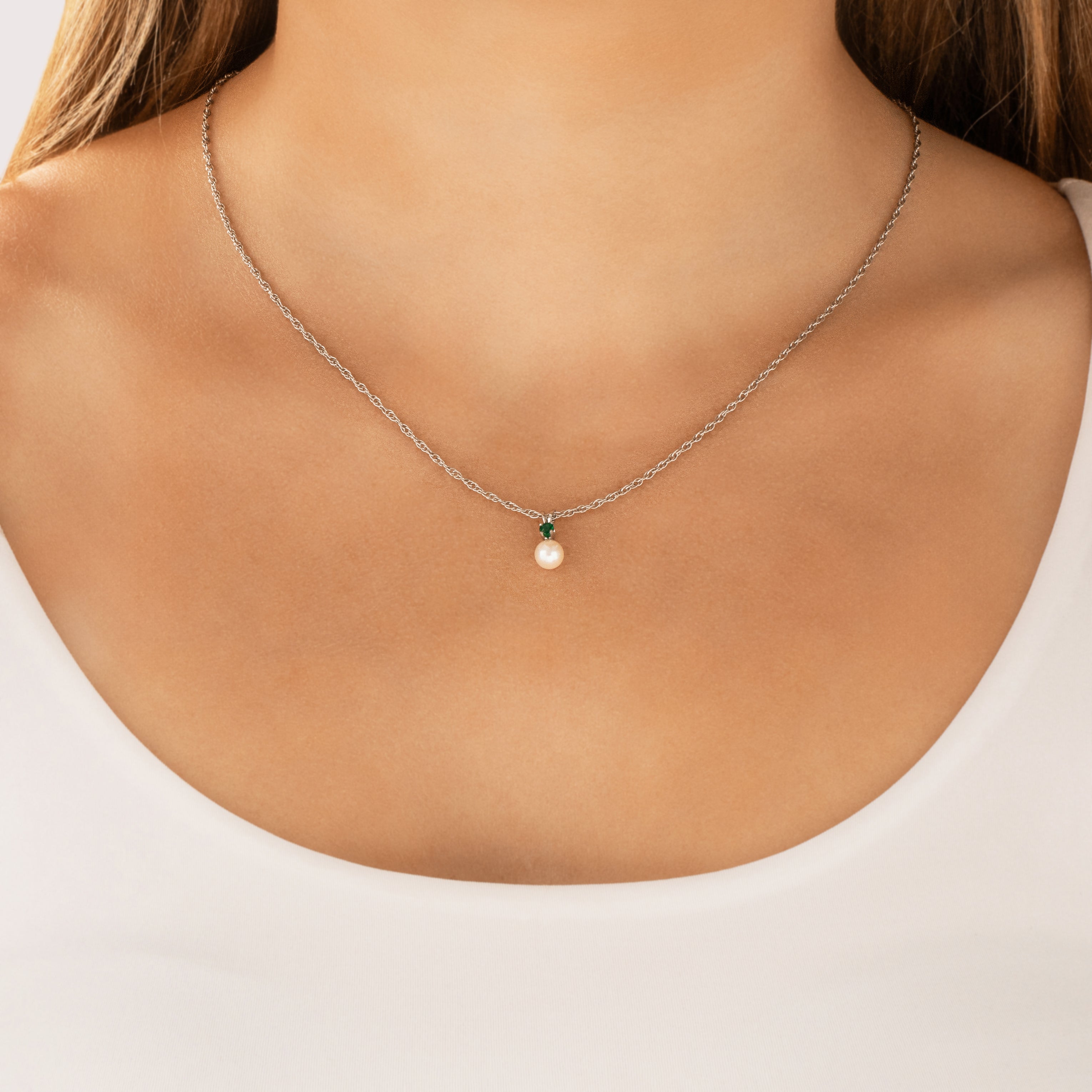 Vintage Small 14k White Gold Pearl Emerald Refined Duo Pendant - On model view