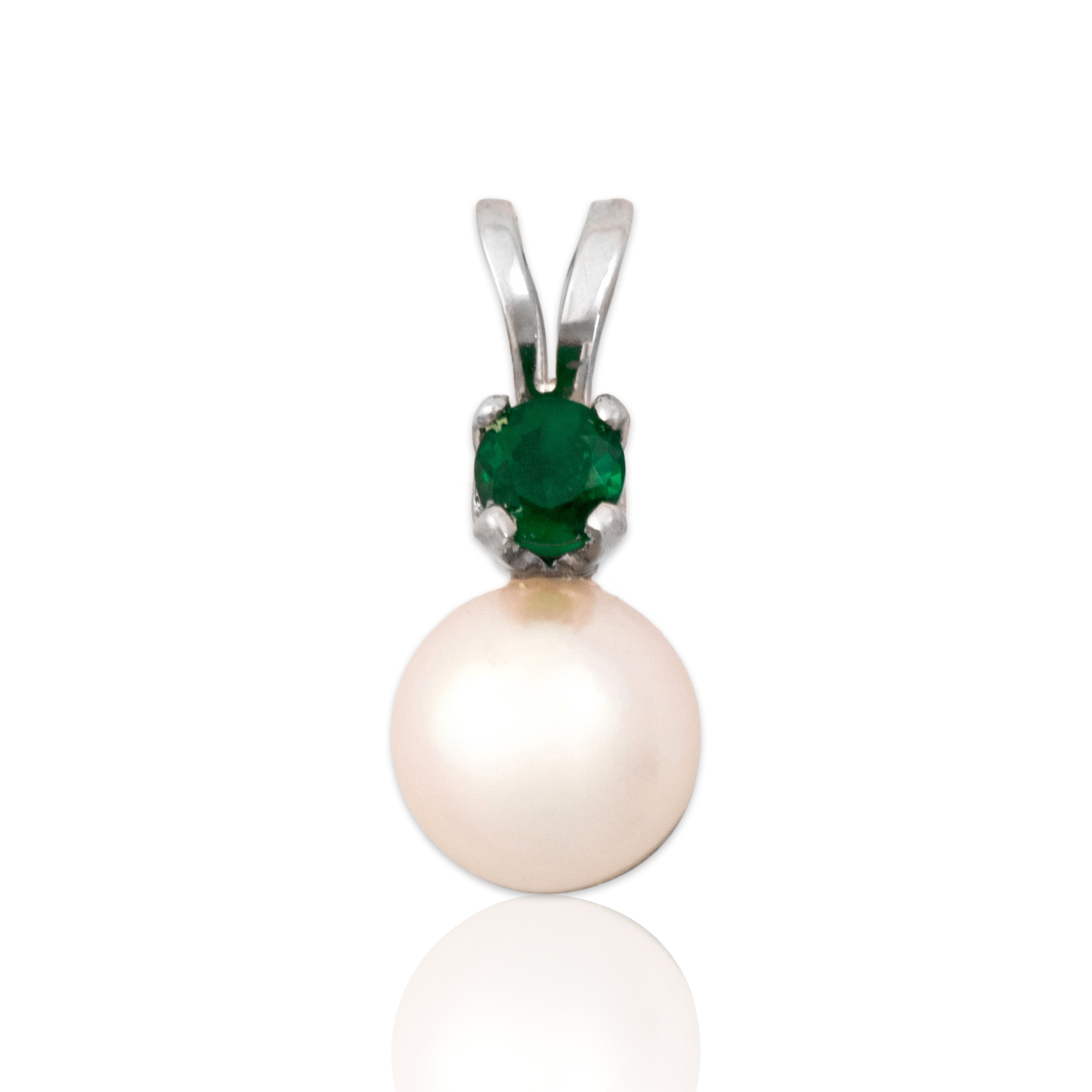 Vintage Small 14k White Gold Pearl Emerald Refined Duo Pendant - Close-up view