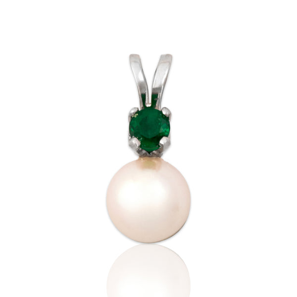 Vintage Small 14k White Gold Pearl Emerald Refined Duo Pendant