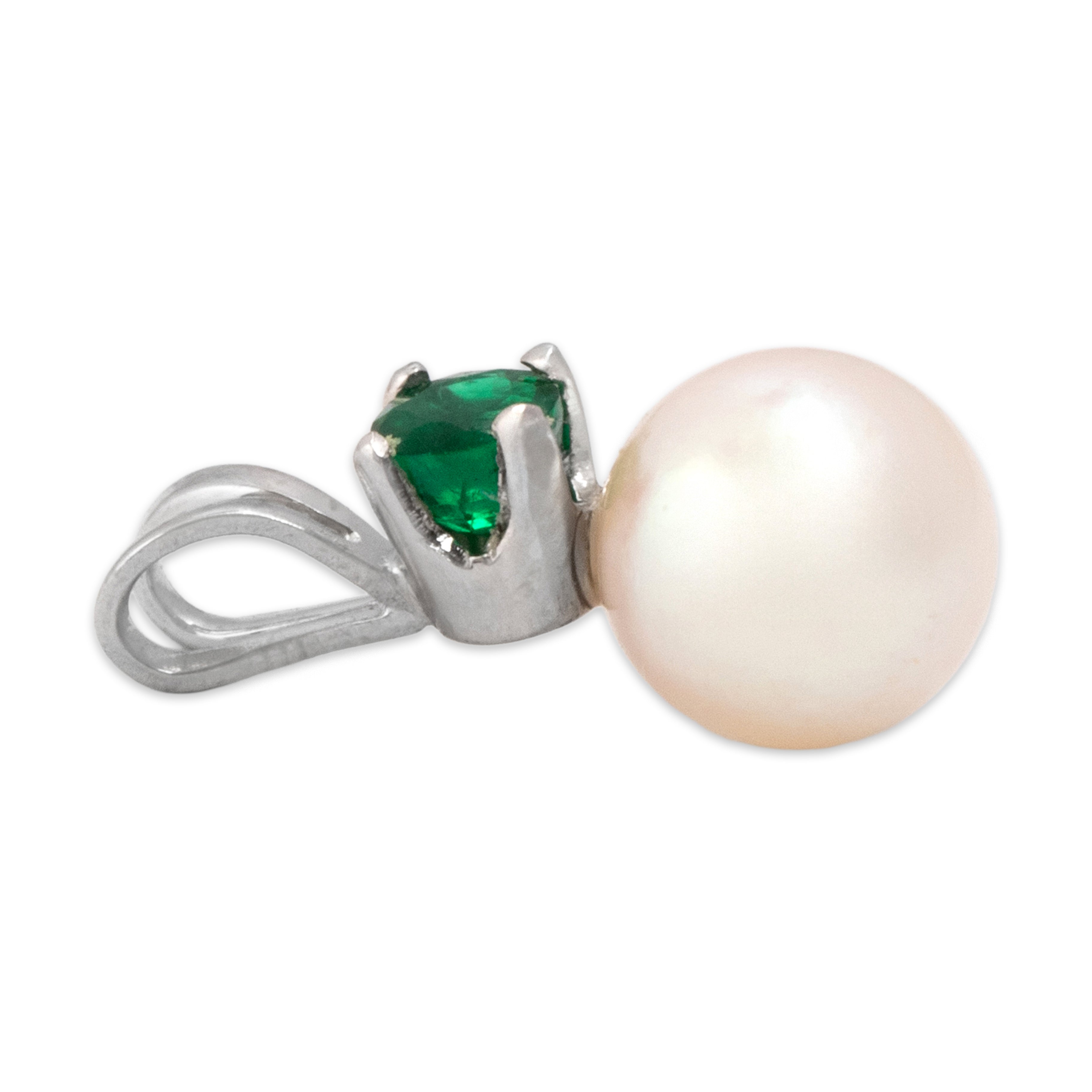 Vintage Small 14k White Gold Pearl Emerald Refined Duo Pendant - Side view