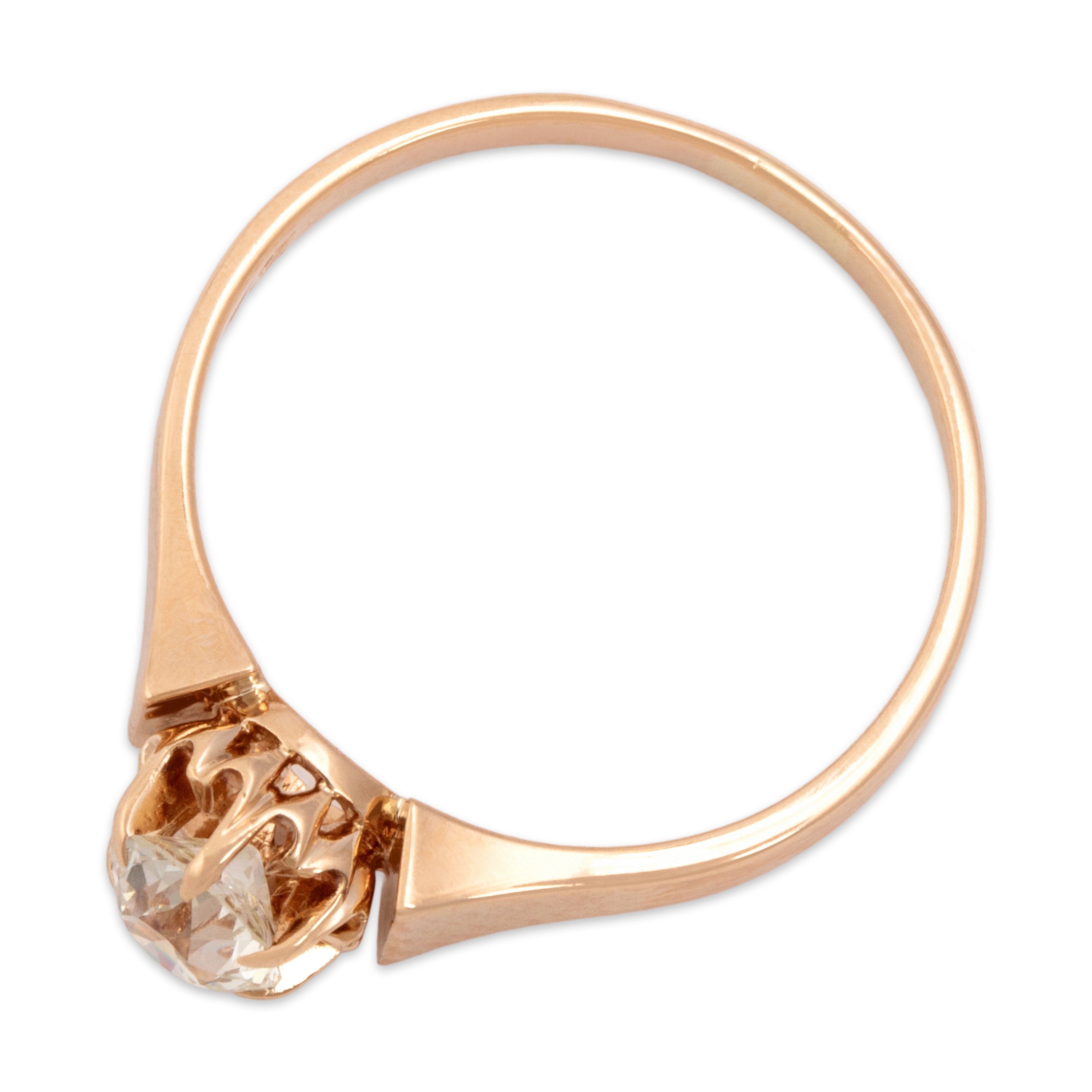 Antique 14k Rose Gold Old European Cut Diamond Superb Belcher-Set Solitaire Ring - Overall view