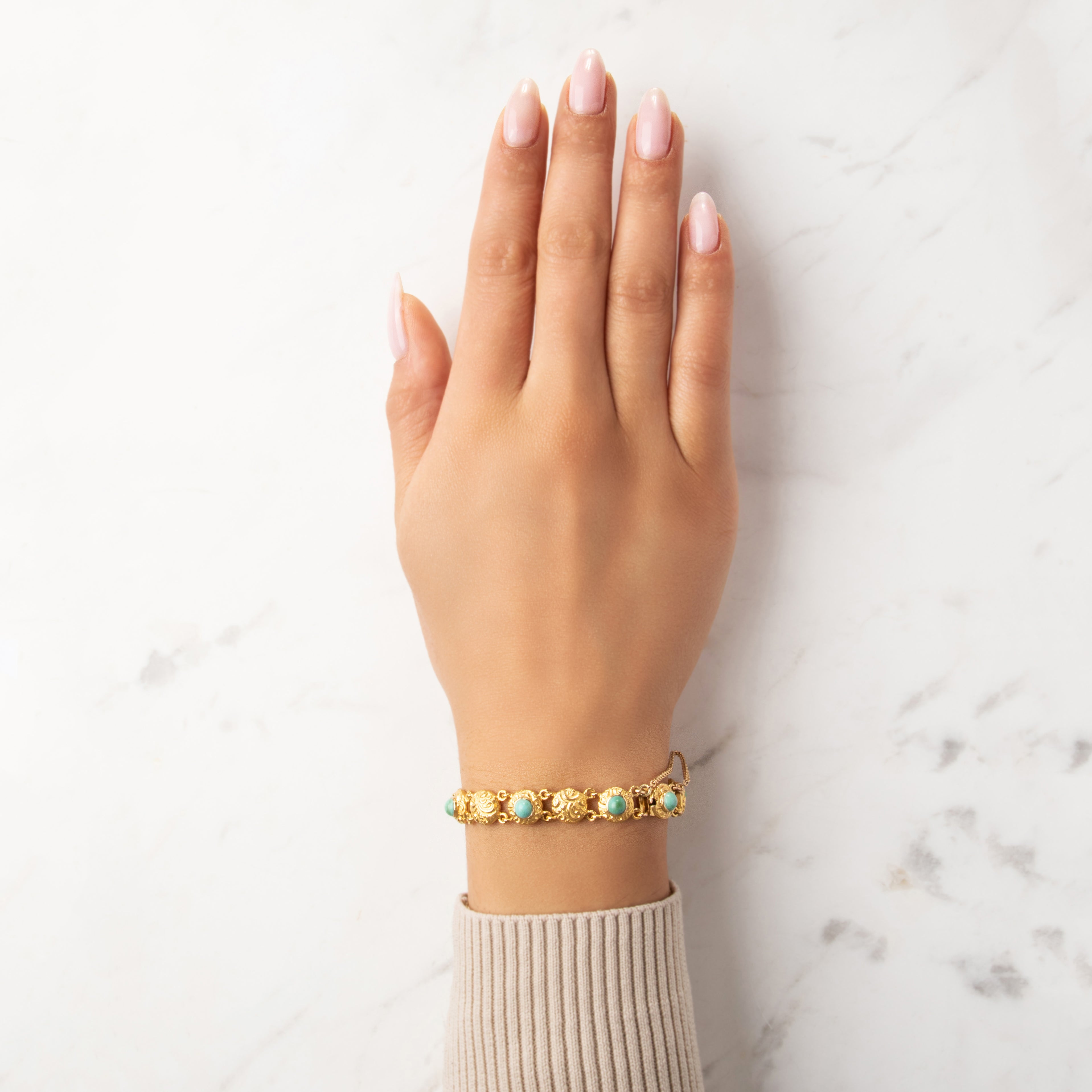 Antique Victorian 14k Yellow Gold 3.33cttw Turquoise Ornate Scrolling Detail Link Bracelet - On model view