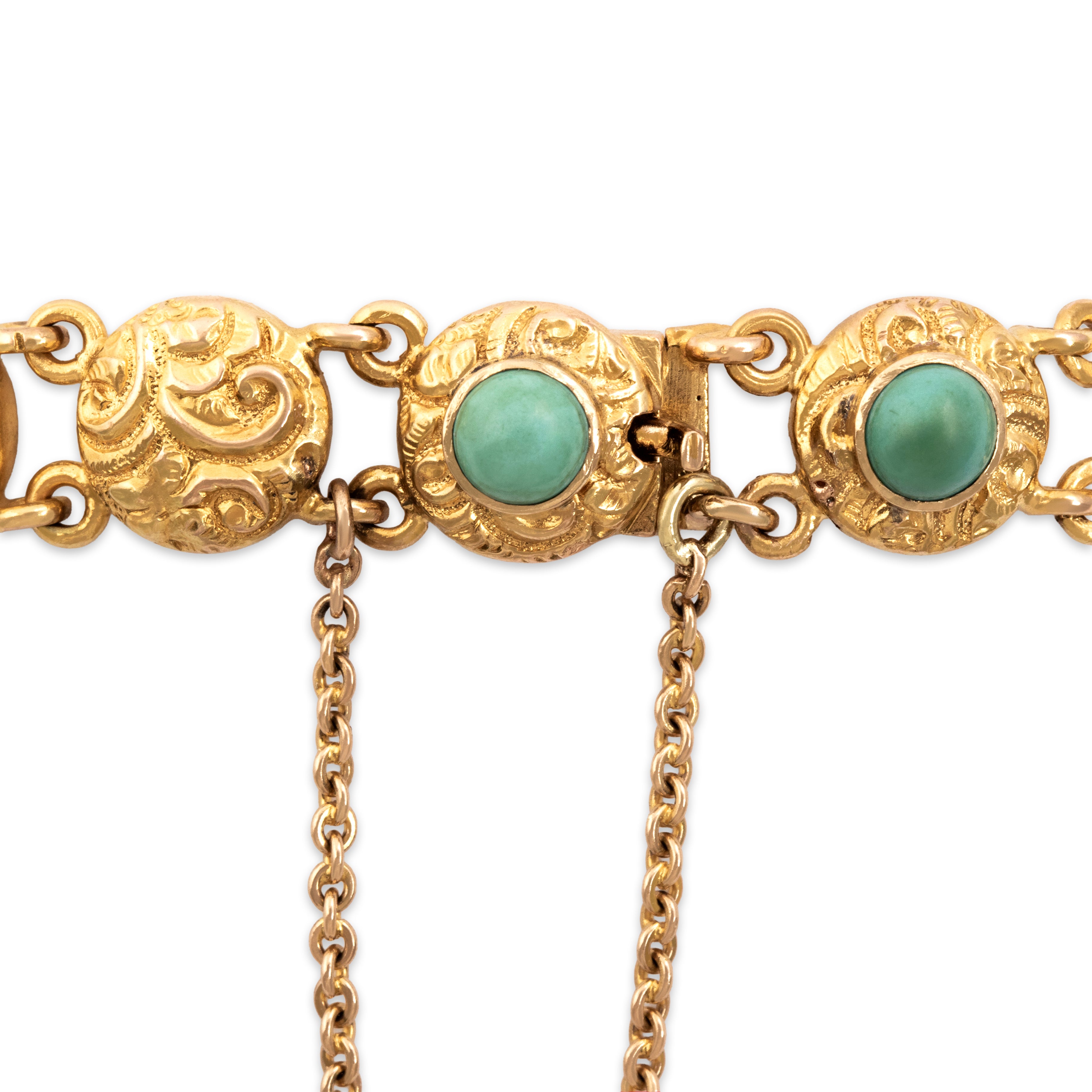 Antique Victorian 14k Yellow Gold 3.33cttw Turquoise Ornate Link Bracelet 6.25