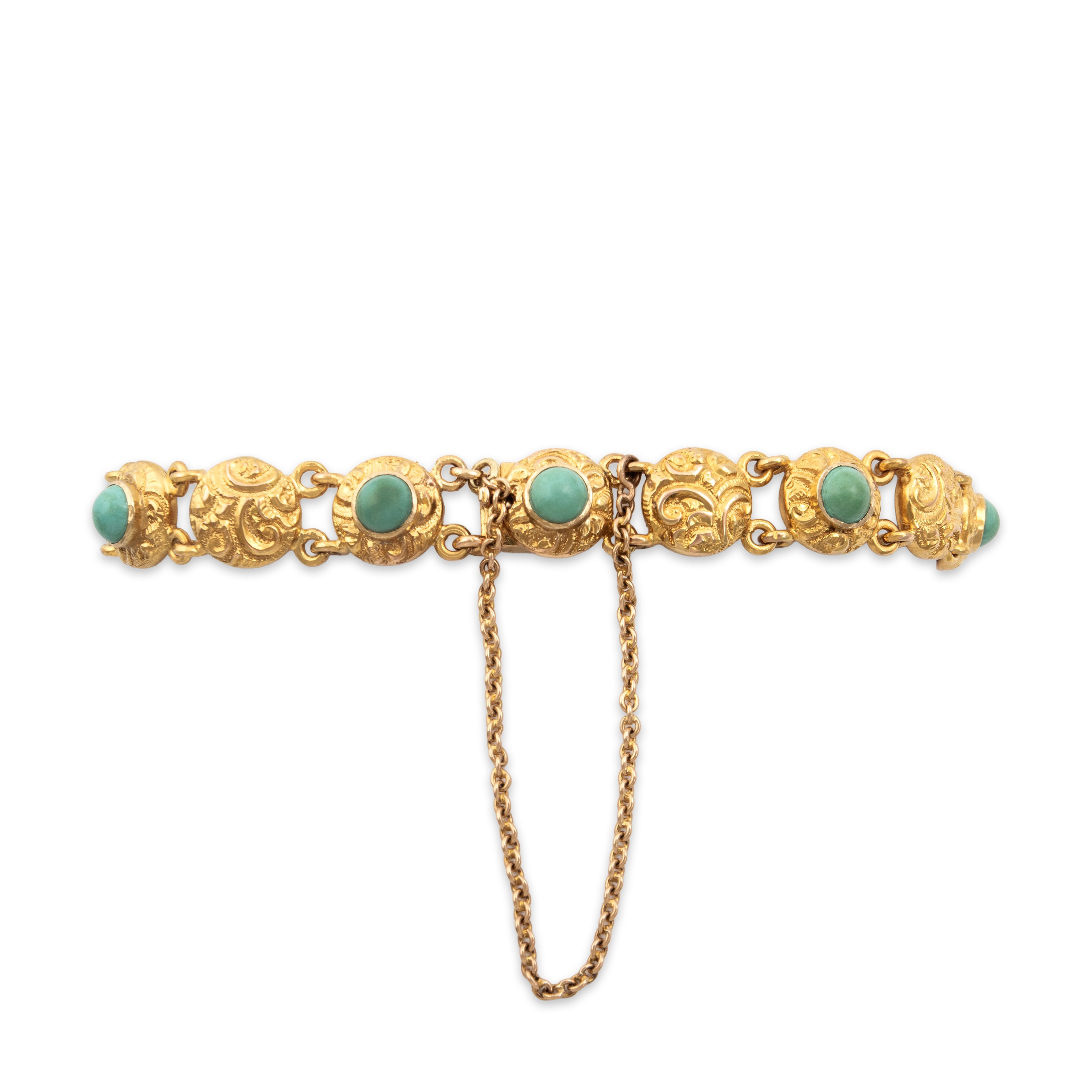 Antique Victorian 14k Yellow Gold 3.33cttw Turquoise Ornate Scrolling Detail Link Bracelet - Overall view