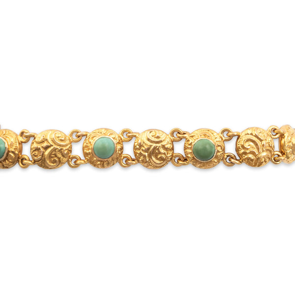 Antique Victorian 14k Yellow Gold 3.33cttw Turquoise Ornate Link Bracelet 6.25